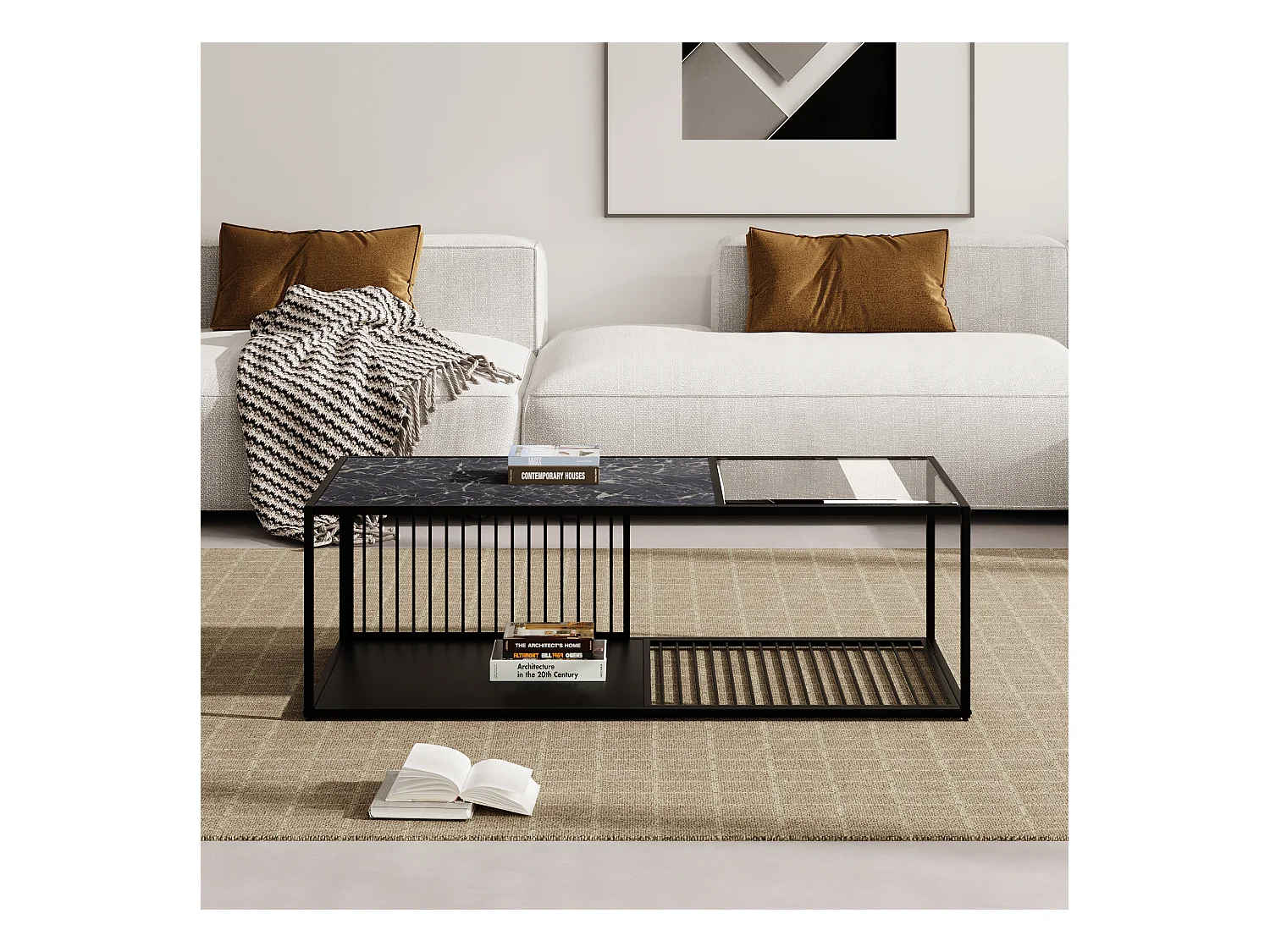 Metalen salontafel met glas, elegant design, veel opbergruimte, 110x48x35 cm