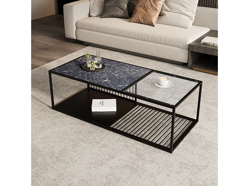 Table basse en métal avec verre, design élégant, grand espace de rangement, 110x48x35 cm