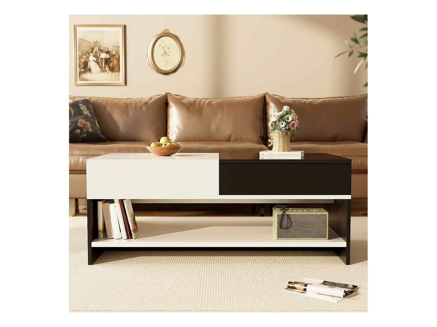 Table basse moderne avec 2 tiroirs, design noir et blanc, surface haute brillance, (100x48x40 cm)