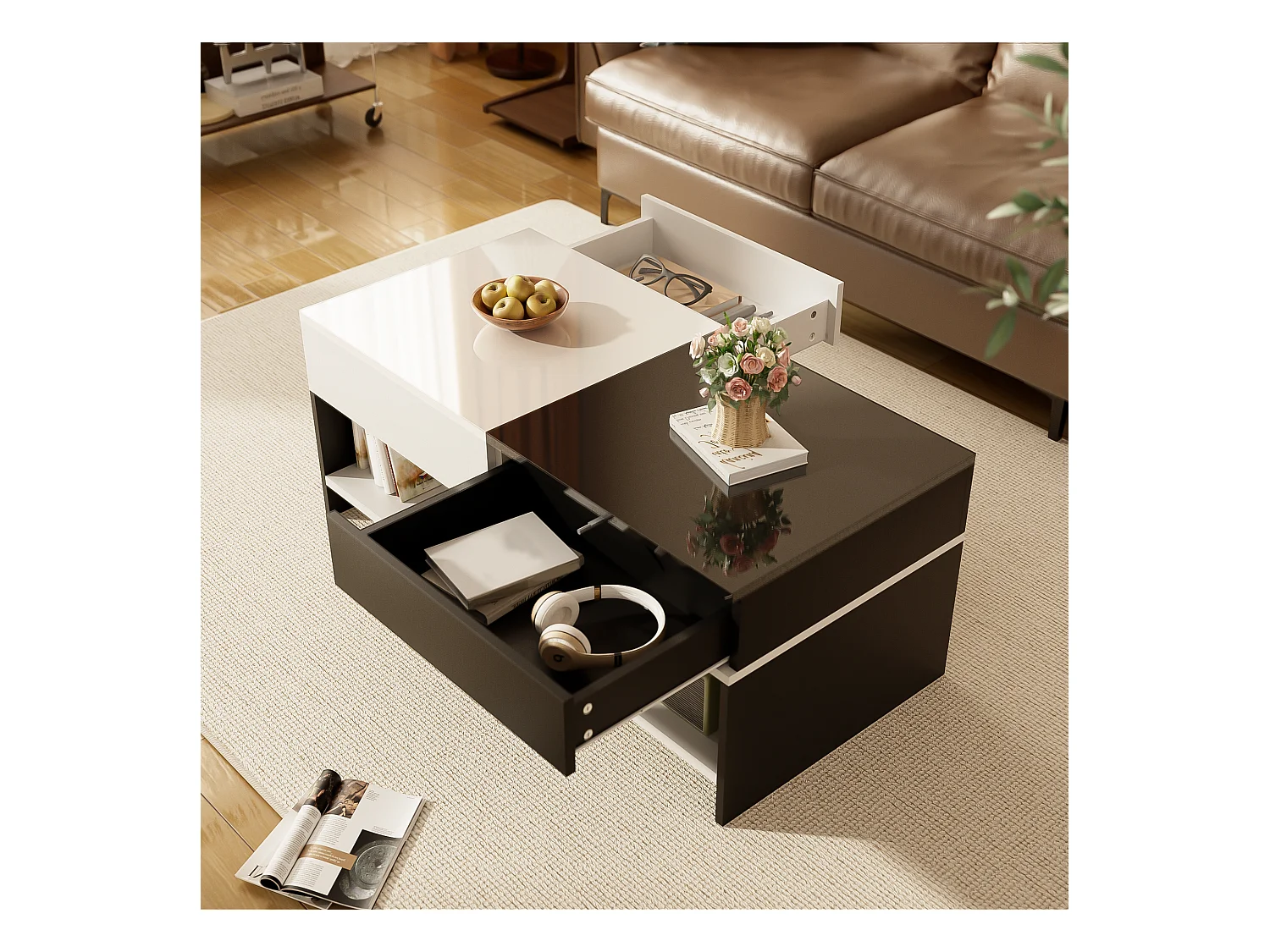 Table basse moderne avec 2 tiroirs, design noir et blanc, surface haute brillance, (100x48x40 cm)