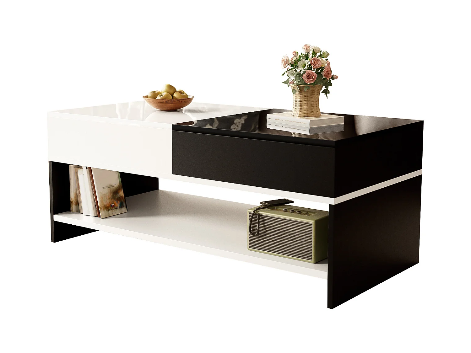 Table basse moderne avec 2 tiroirs, design noir et blanc, surface haute brillance, (100x48x40 cm)