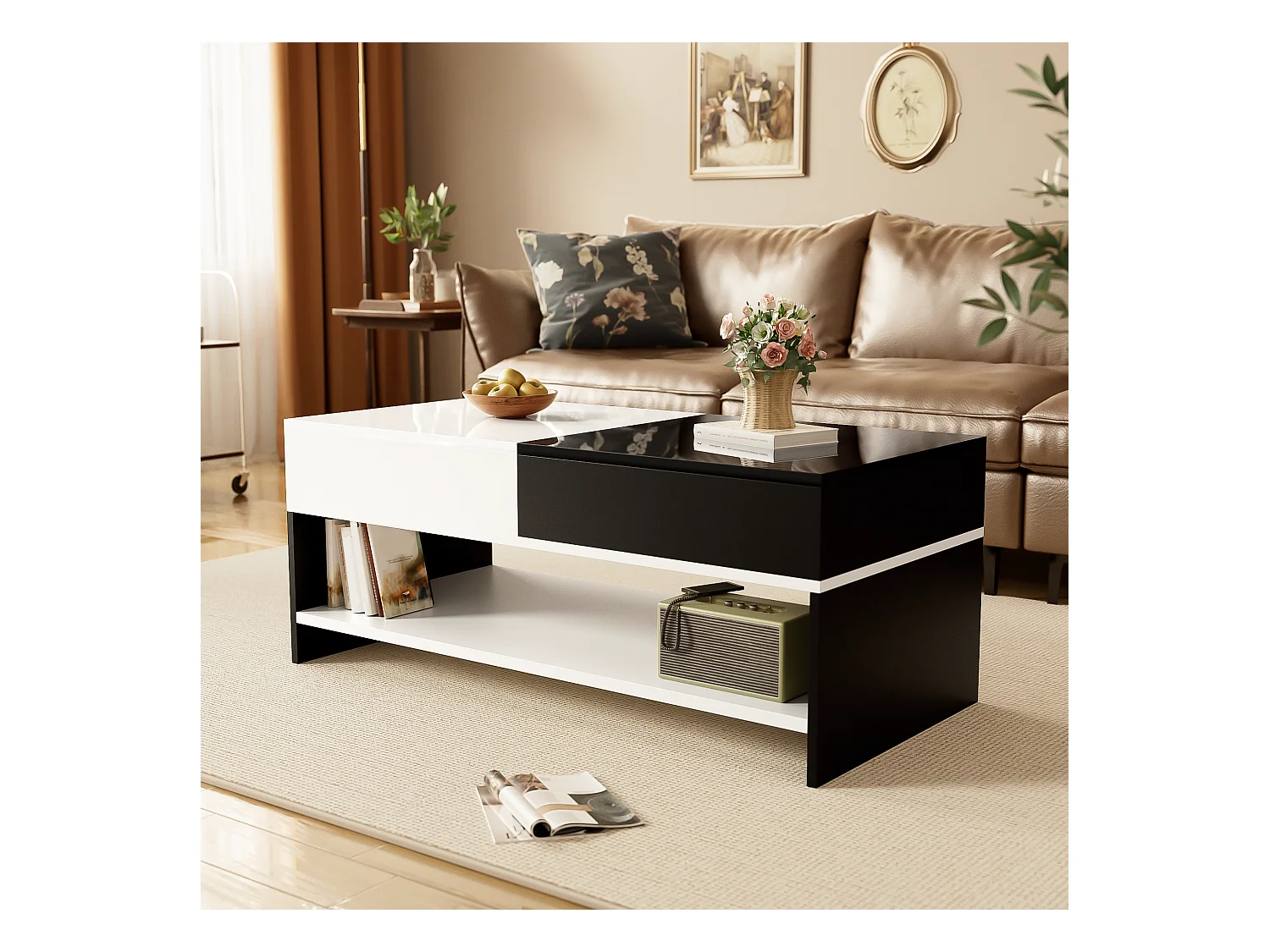 Tavolino moderno con 2 cassetti, design bianco e nero, superficie lucida, (100x48x40 cm)