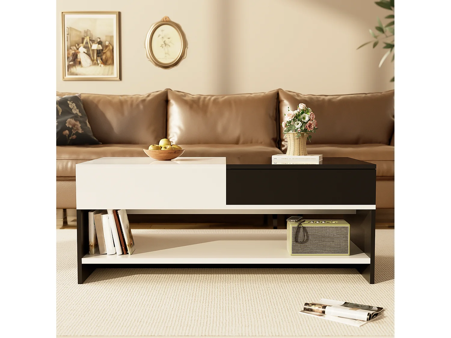 Table basse moderne avec 2 tiroirs, design noir et blanc, surface haute brillance, (100x48x40 cm)