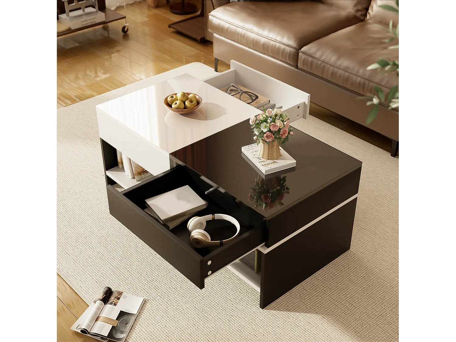 Table basse moderne avec 2 tiroirs, design noir et blanc, surface haute brillance, (100x48x40 cm)
