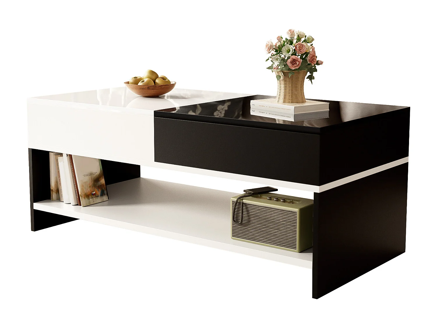 Table basse moderne avec 2 tiroirs, design noir et blanc, surface haute brillance, (100x48x40 cm)