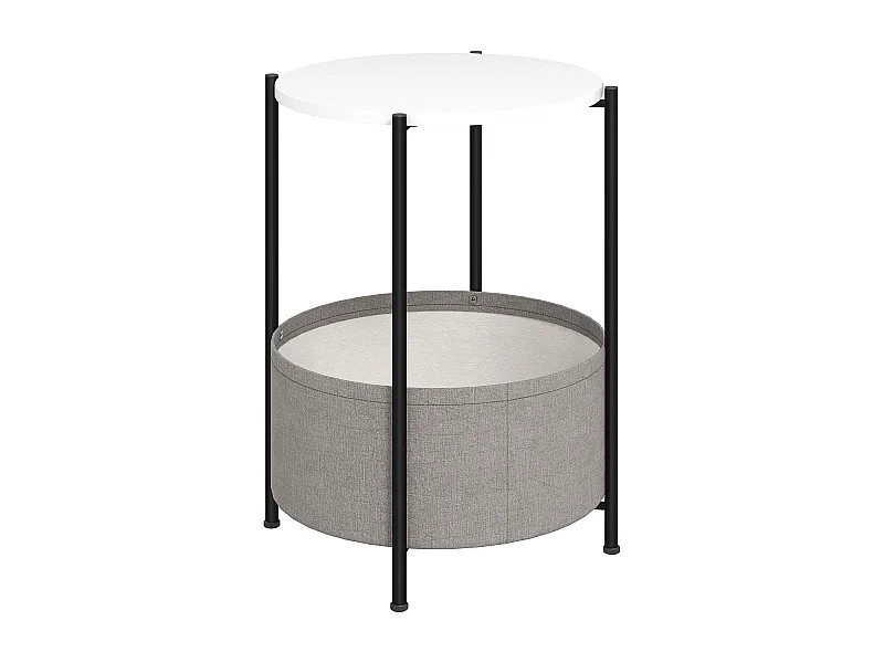 Table basse ronde avec panier en tissu, acier et contreplaqué, gris et blanc (44x44x56 cm)