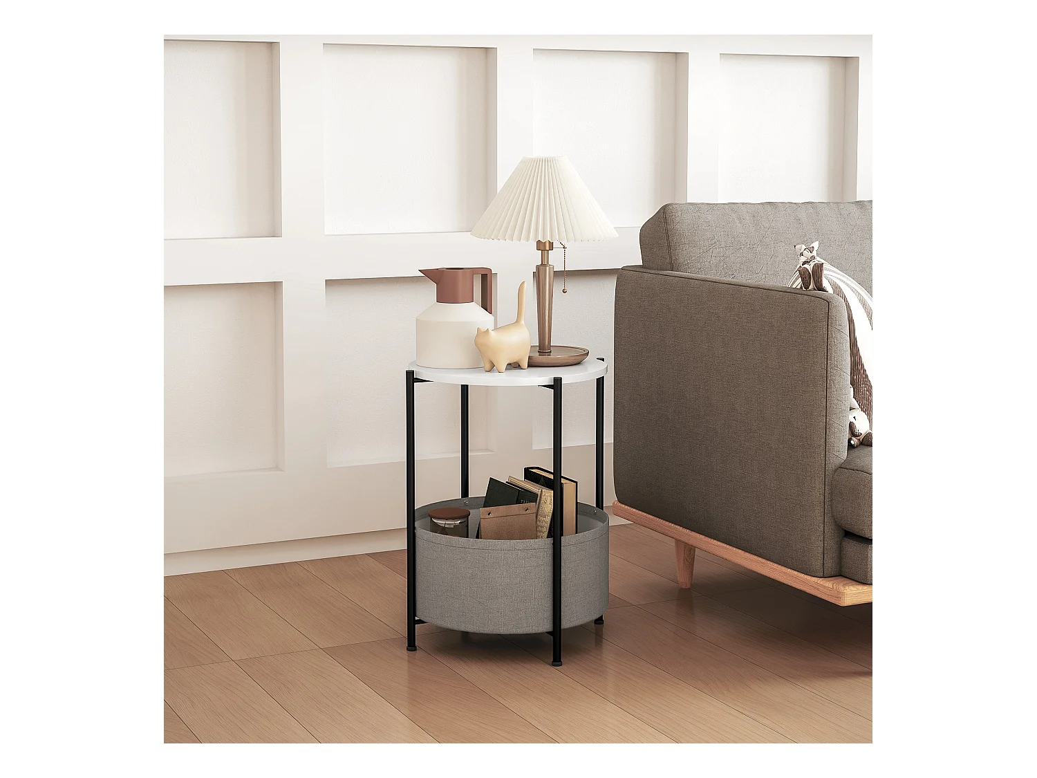 Ronde salontafel met stoffen mand, staal en multiplex, grijs en wit (44x44x56 cm)