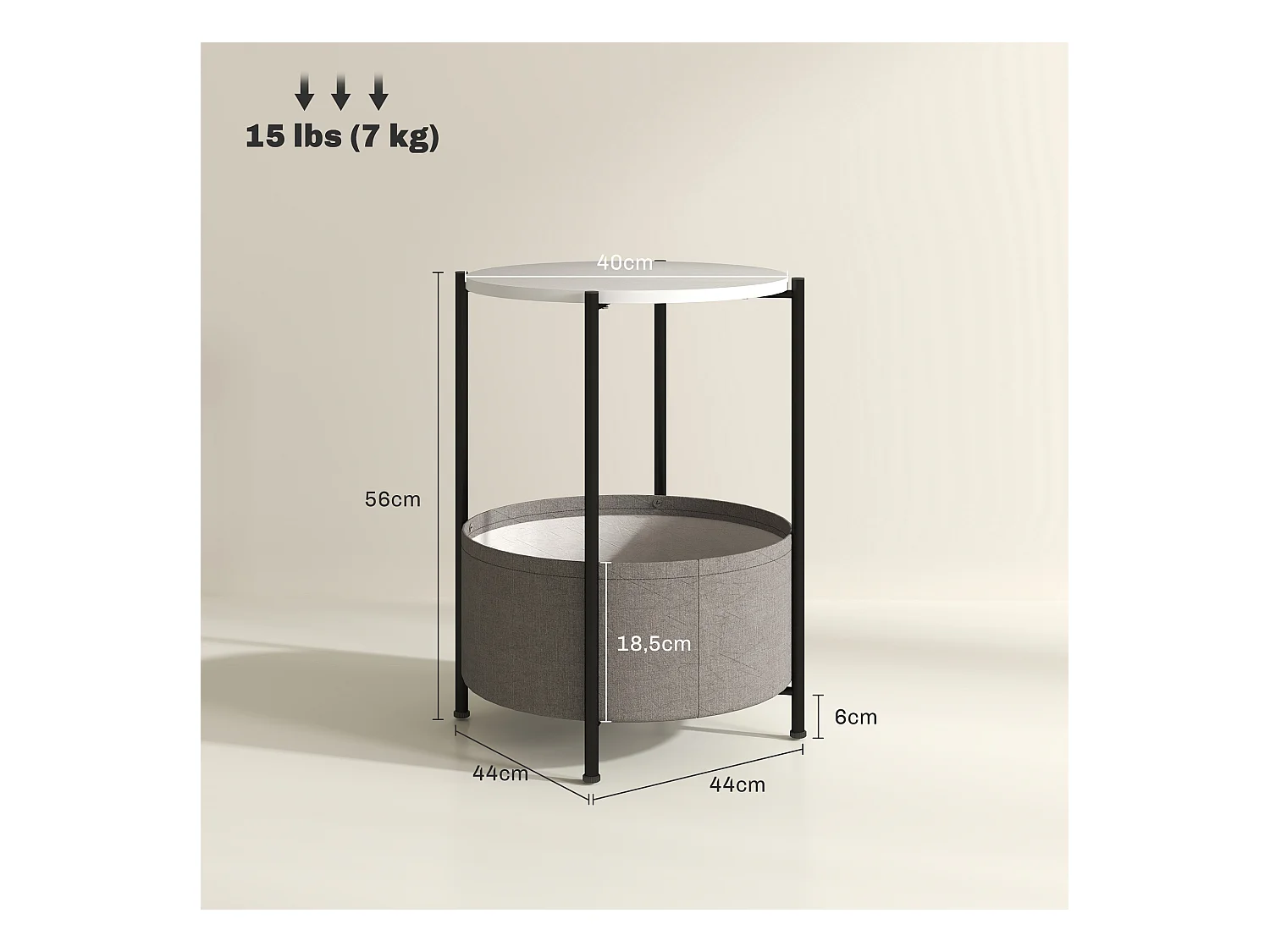 Ronde salontafel met stoffen mand, staal en multiplex, grijs en wit (44x44x56 cm)