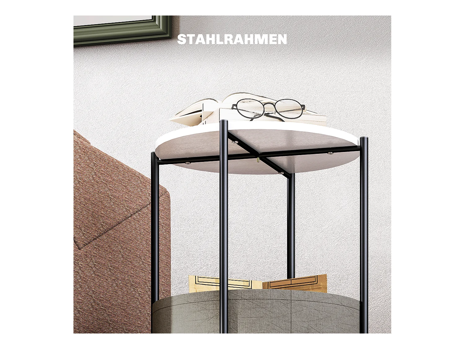 Ronde salontafel met stoffen mand, staal en multiplex, grijs en wit (44x44x56 cm)