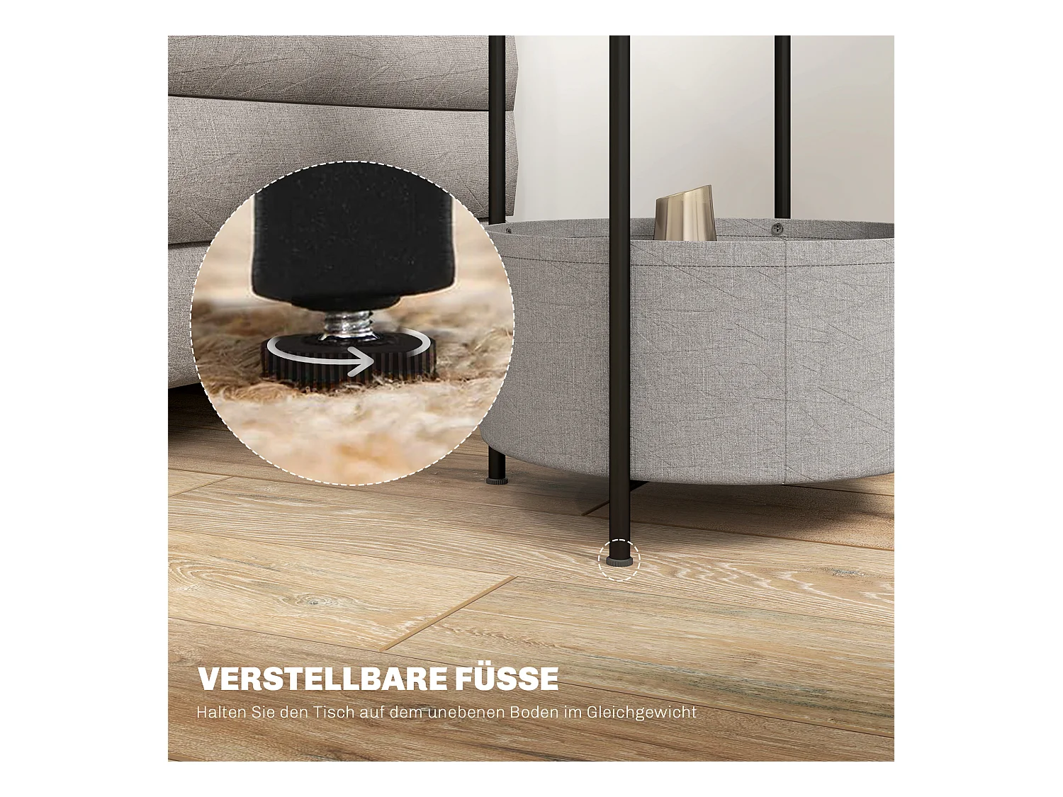 Ronde salontafel met stoffen mand, staal en multiplex, grijs en wit (44x44x56 cm)