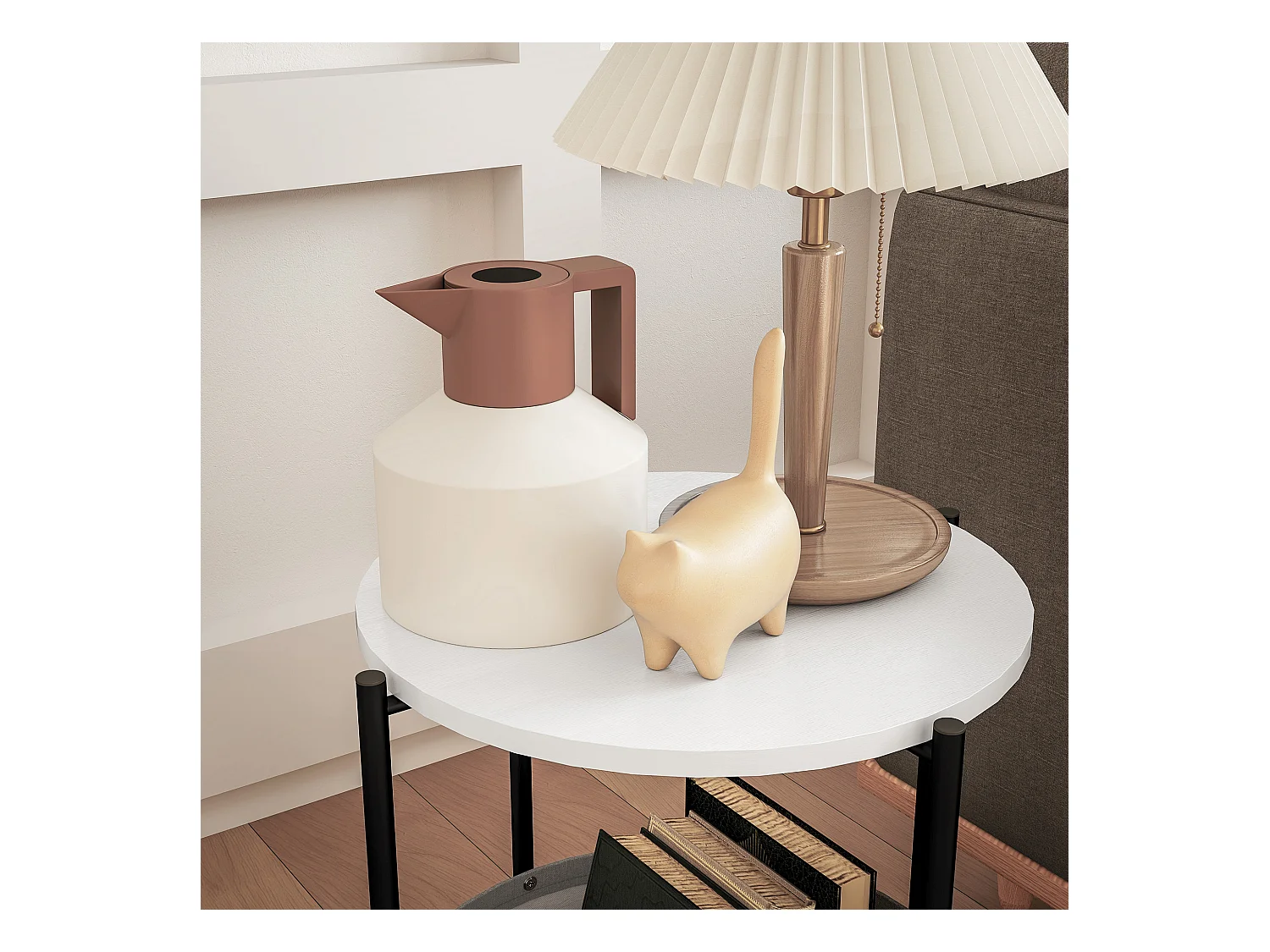 Ronde salontafel met stoffen mand, staal en multiplex, grijs en wit (44x44x56 cm)