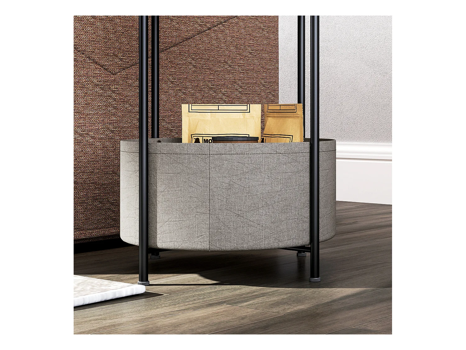 Ronde salontafel met stoffen mand, staal en multiplex, grijs en wit (44x44x56 cm)