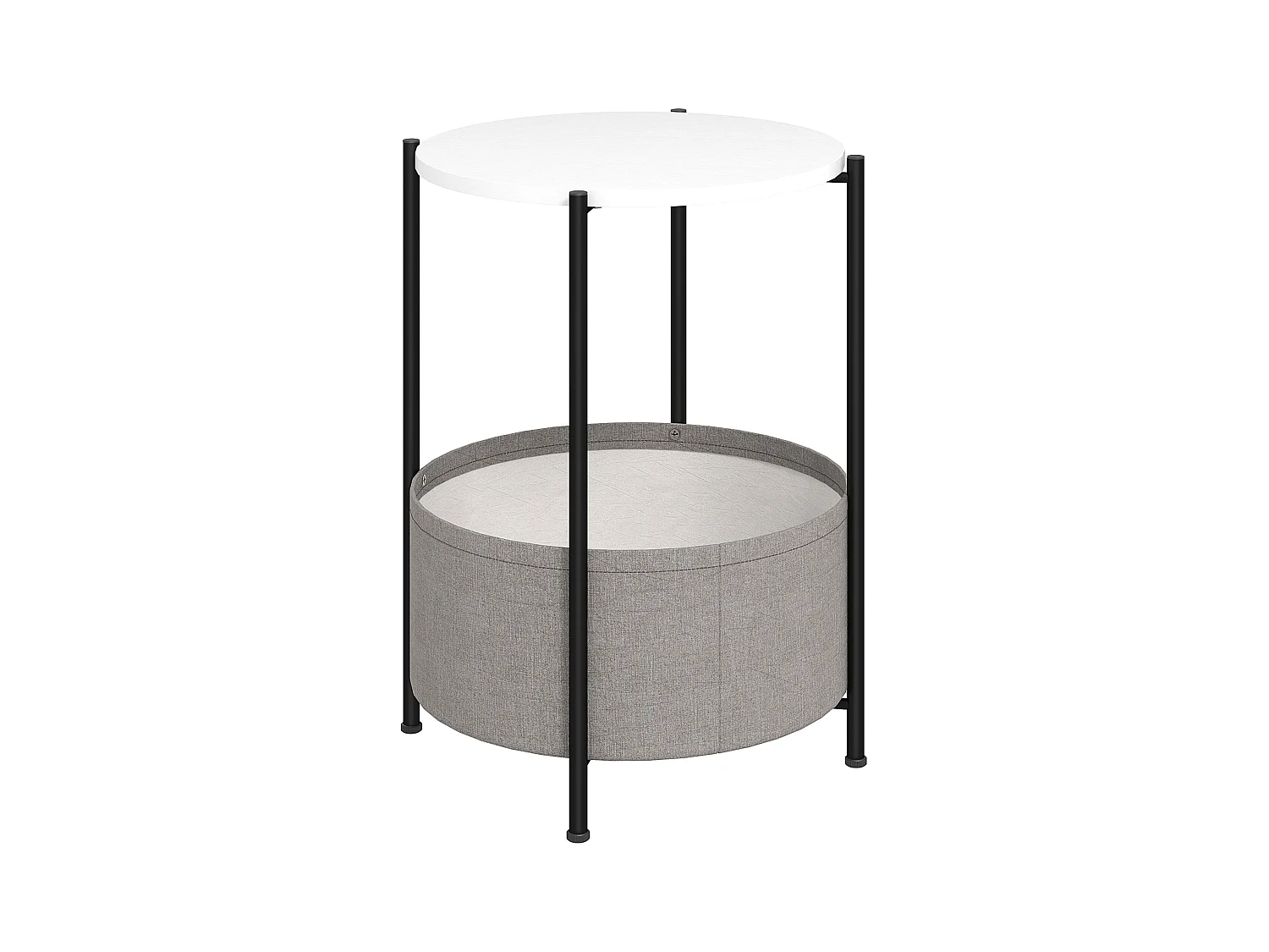Tavolino rotondo con cestino in tessuto, acciaio e compensato, grigio e bianco (44x44x56 cm)