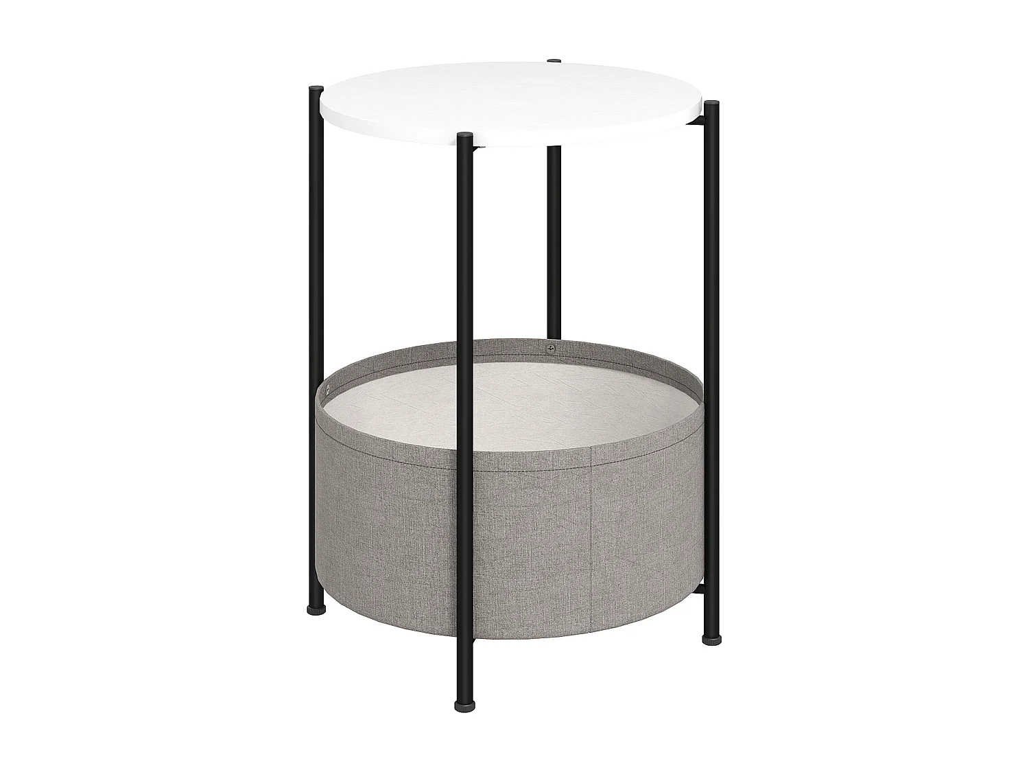 Table basse ronde avec panier en tissu, acier et contreplaqué, gris et blanc (44x44x56 cm)