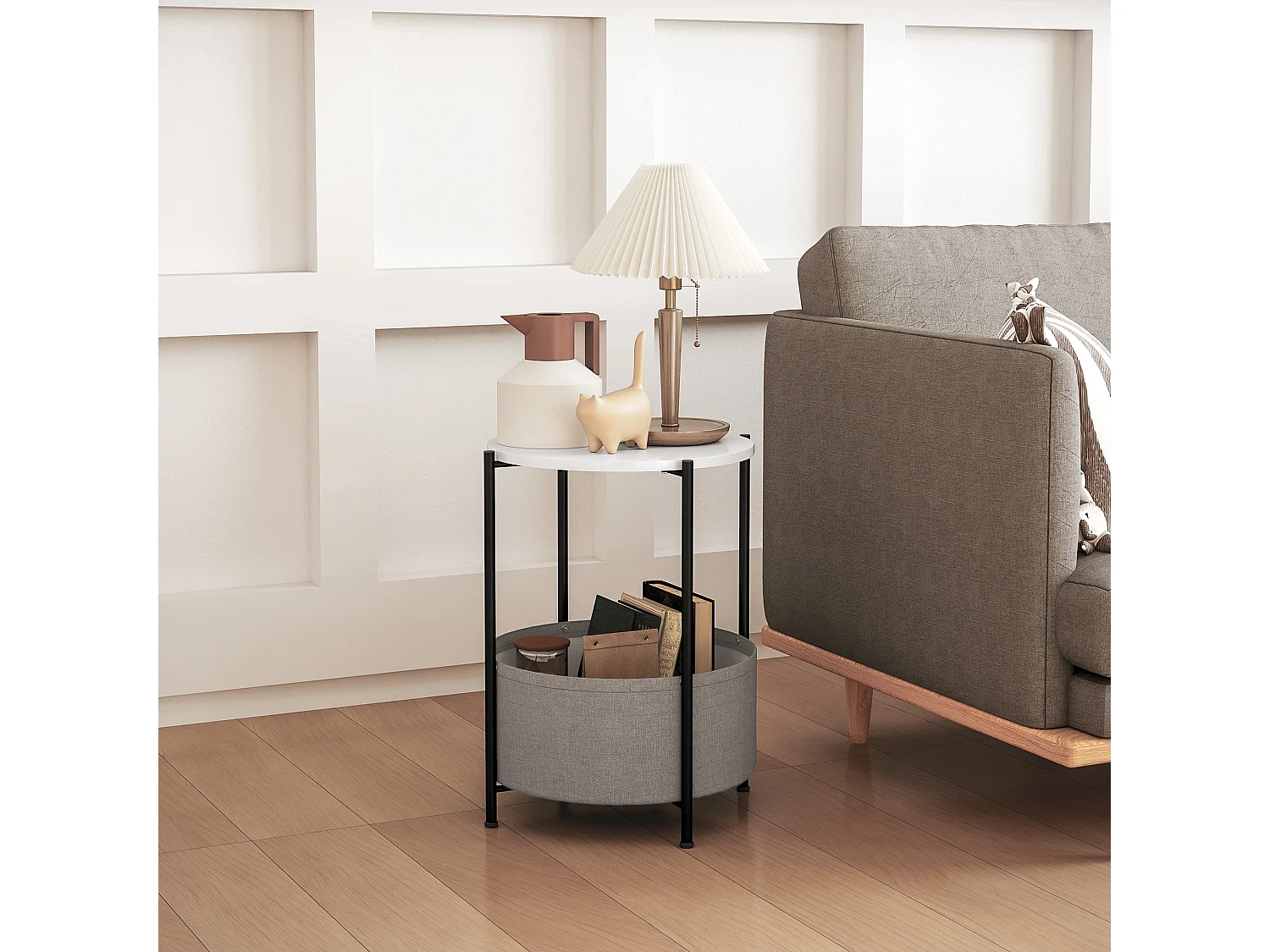 Table basse ronde avec panier en tissu, acier et contreplaqué, gris et blanc (44x44x56 cm)