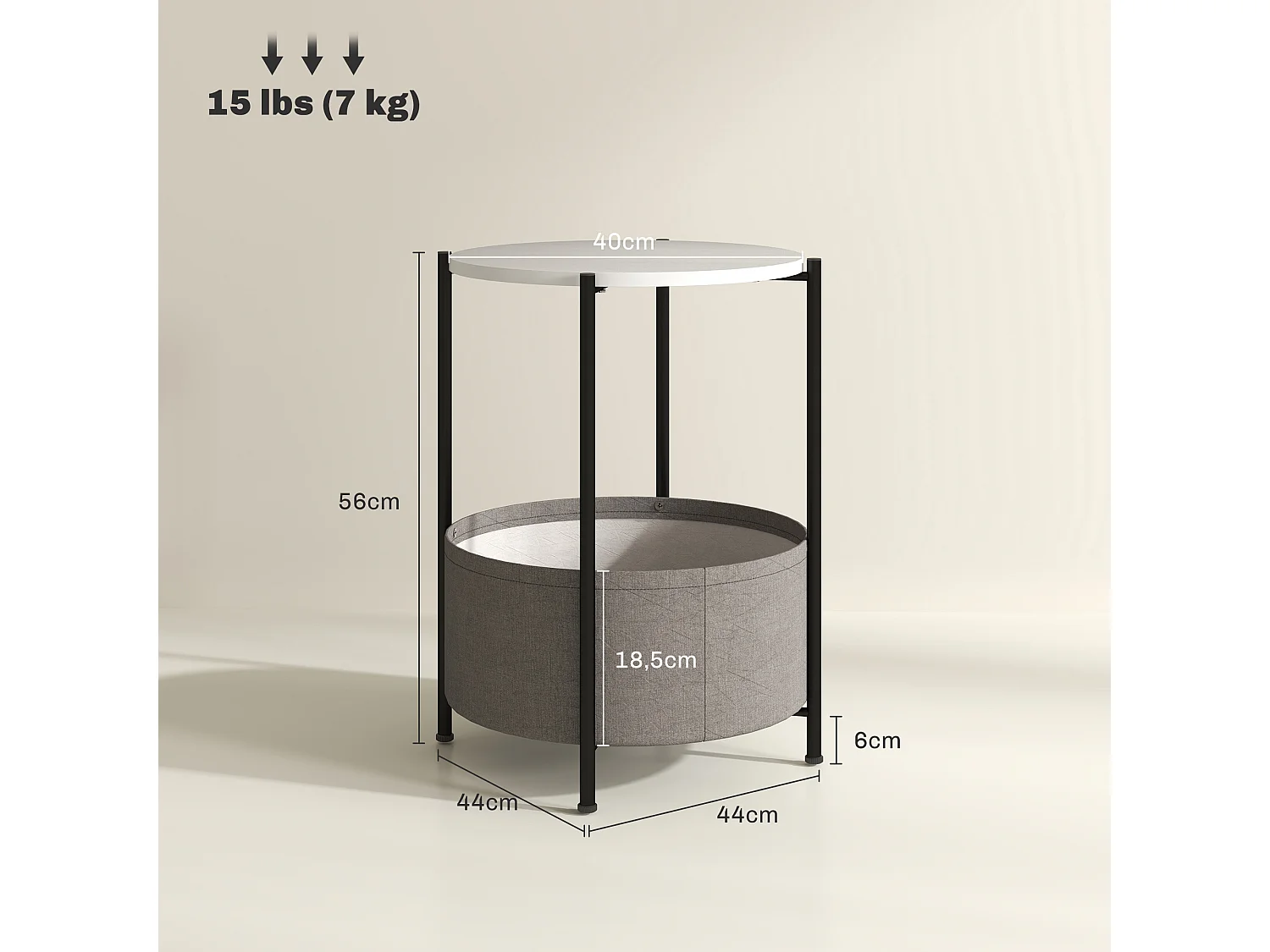 Table basse ronde avec panier en tissu, acier et contreplaqué, gris et blanc (44x44x56 cm)