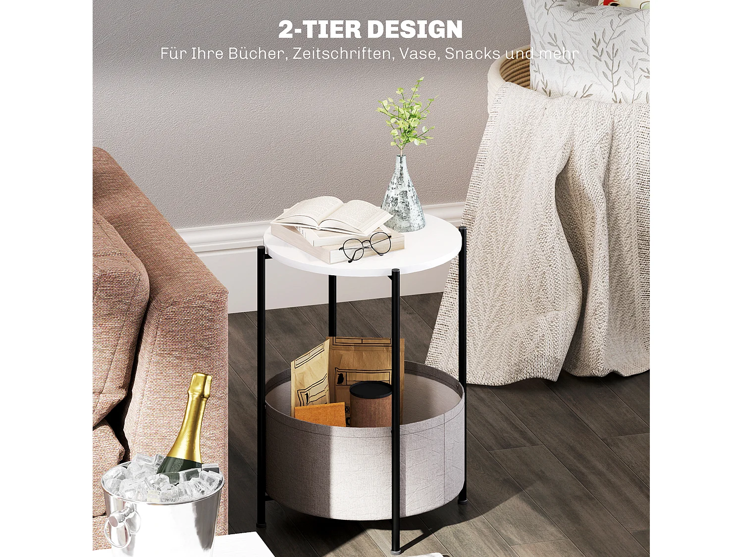 Table basse ronde avec panier en tissu, acier et contreplaqué, gris et blanc (44x44x56 cm)