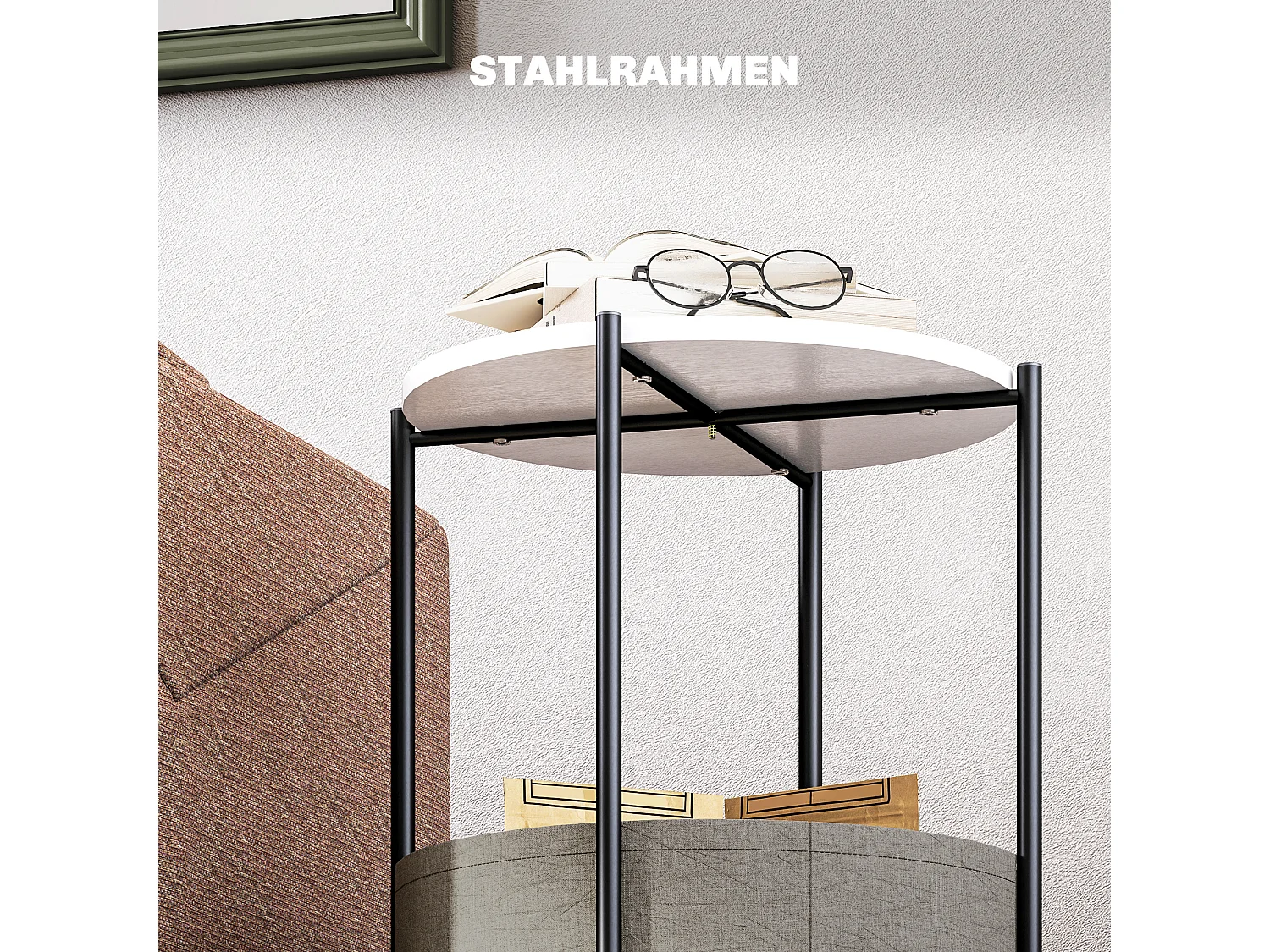 Table basse ronde avec panier en tissu, acier et contreplaqué, gris et blanc (44x44x56 cm)