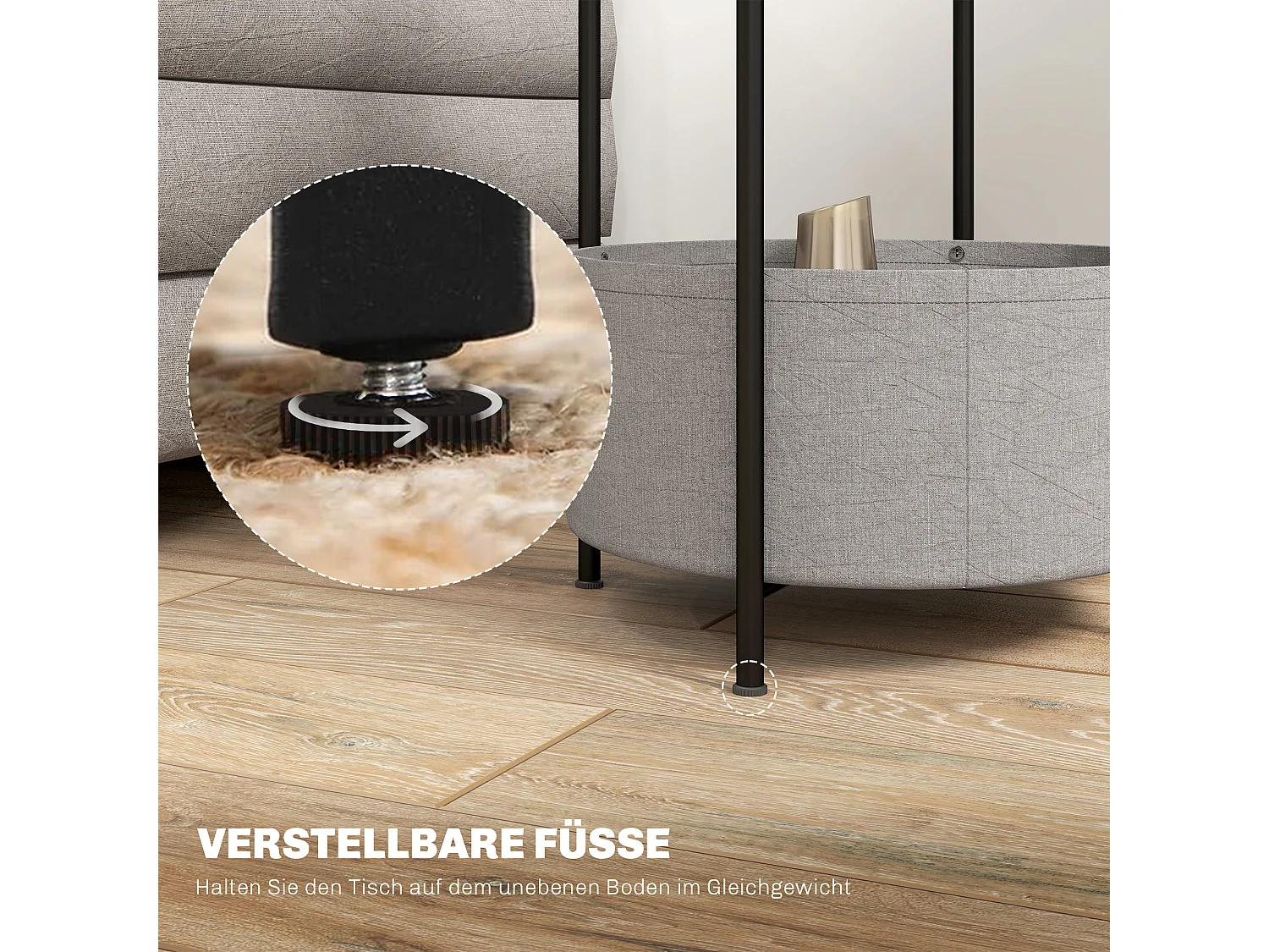 Table basse ronde avec panier en tissu, acier et contreplaqué, gris et blanc (44x44x56 cm)