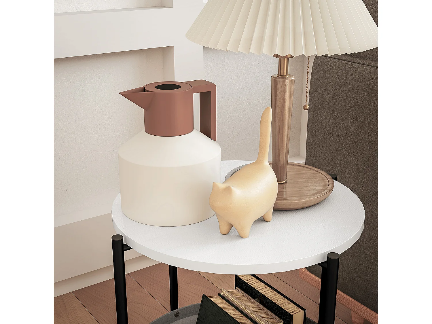 Table basse ronde avec panier en tissu, acier et contreplaqué, gris et blanc (44x44x56 cm)