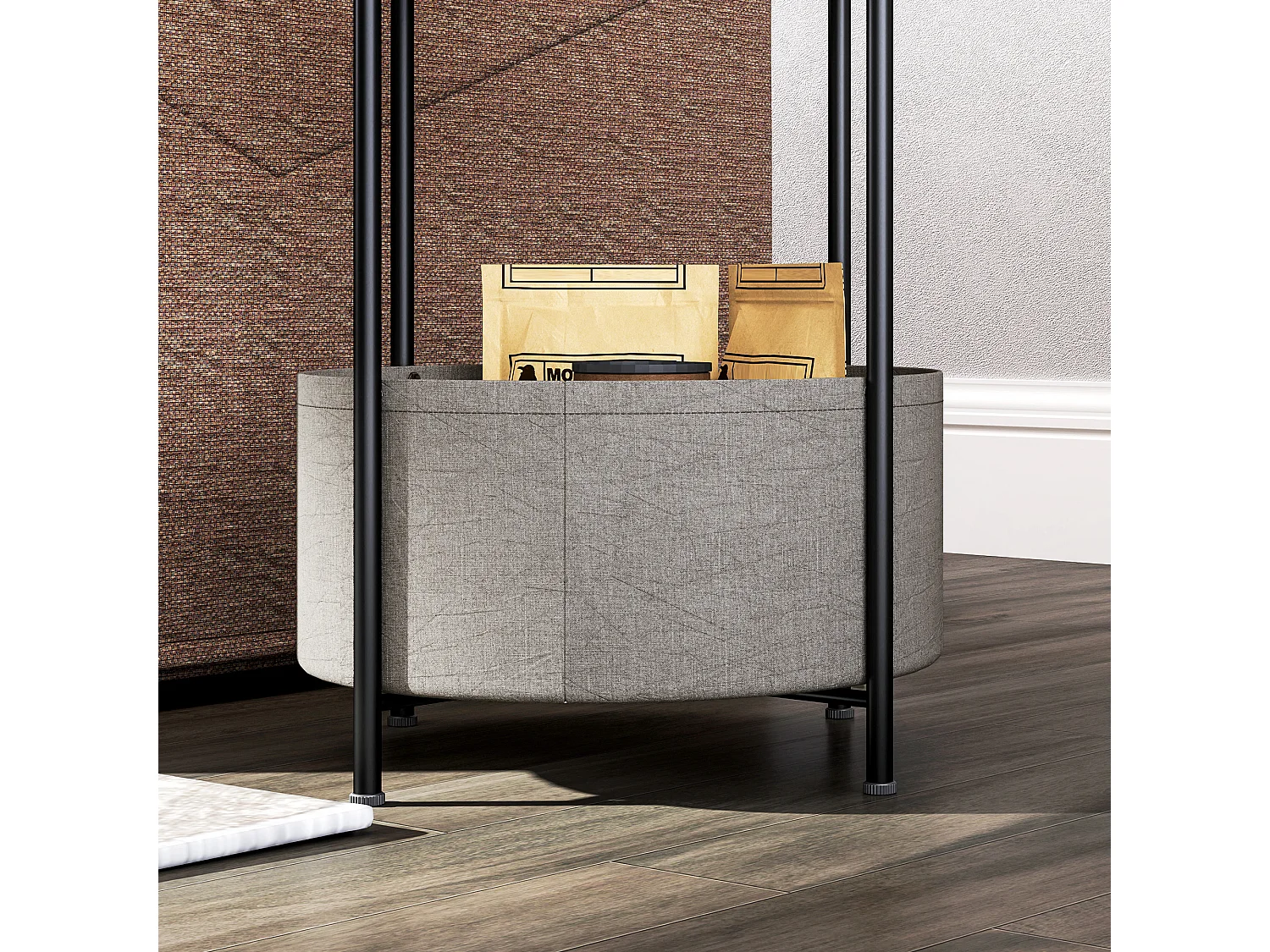 Table basse ronde avec panier en tissu, acier et contreplaqué, gris et blanc (44x44x56 cm)