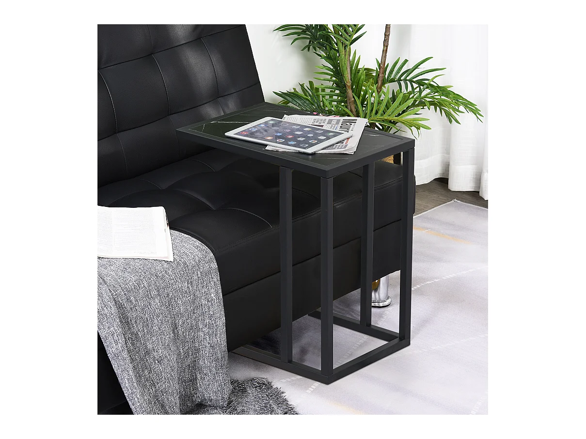 Mesa auxiliar de diseño, tapa imitación mármol, estructura de metal negro, para salón y dormitorio (45x30x51,5cm)
