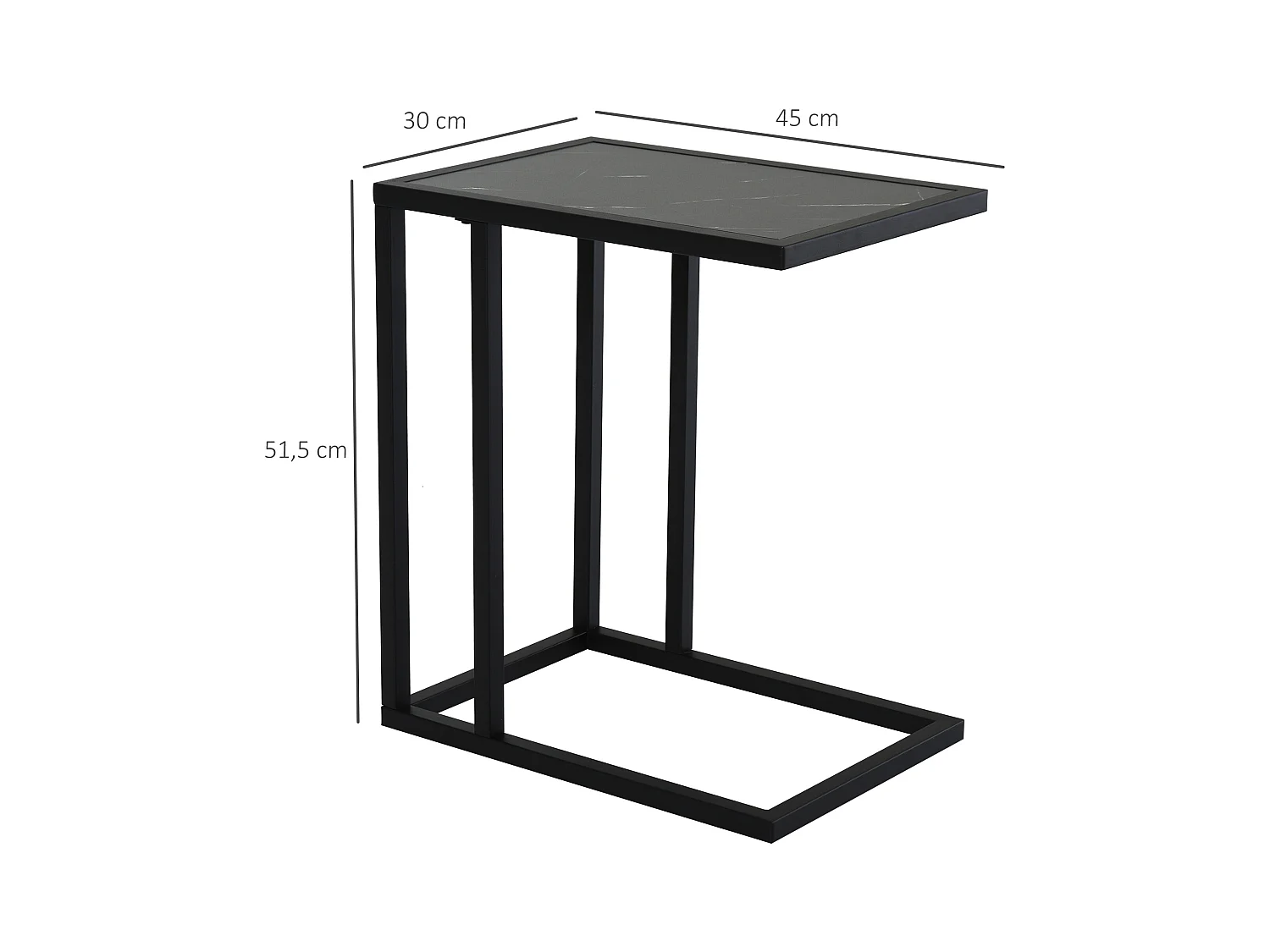 Mesa auxiliar de diseño, tapa imitación mármol, estructura de metal negro, para salón y dormitorio (45x30x51,5cm)