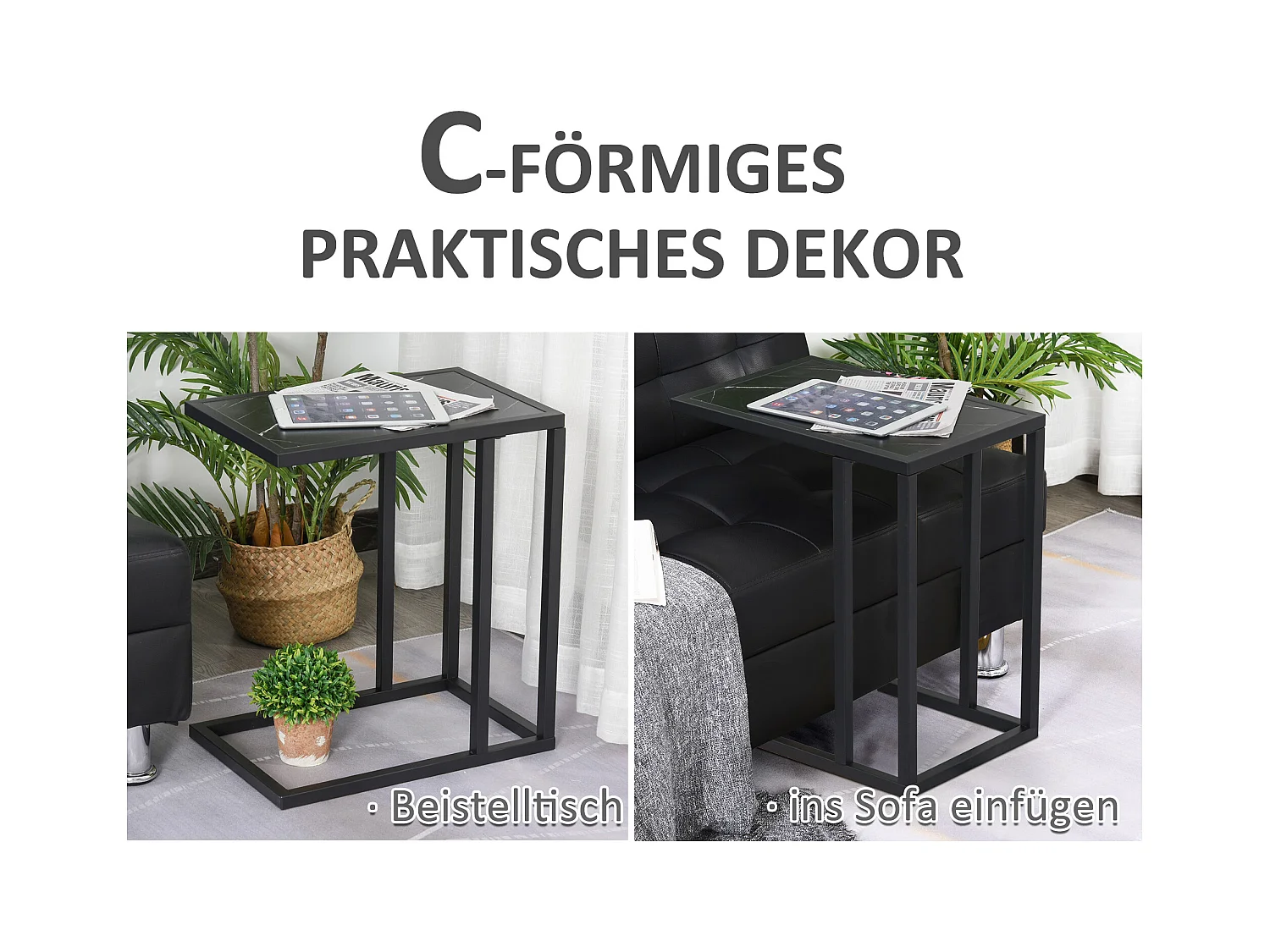 Mesa auxiliar de diseño, tapa imitación mármol, estructura de metal negro, para salón y dormitorio (45x30x51,5cm)