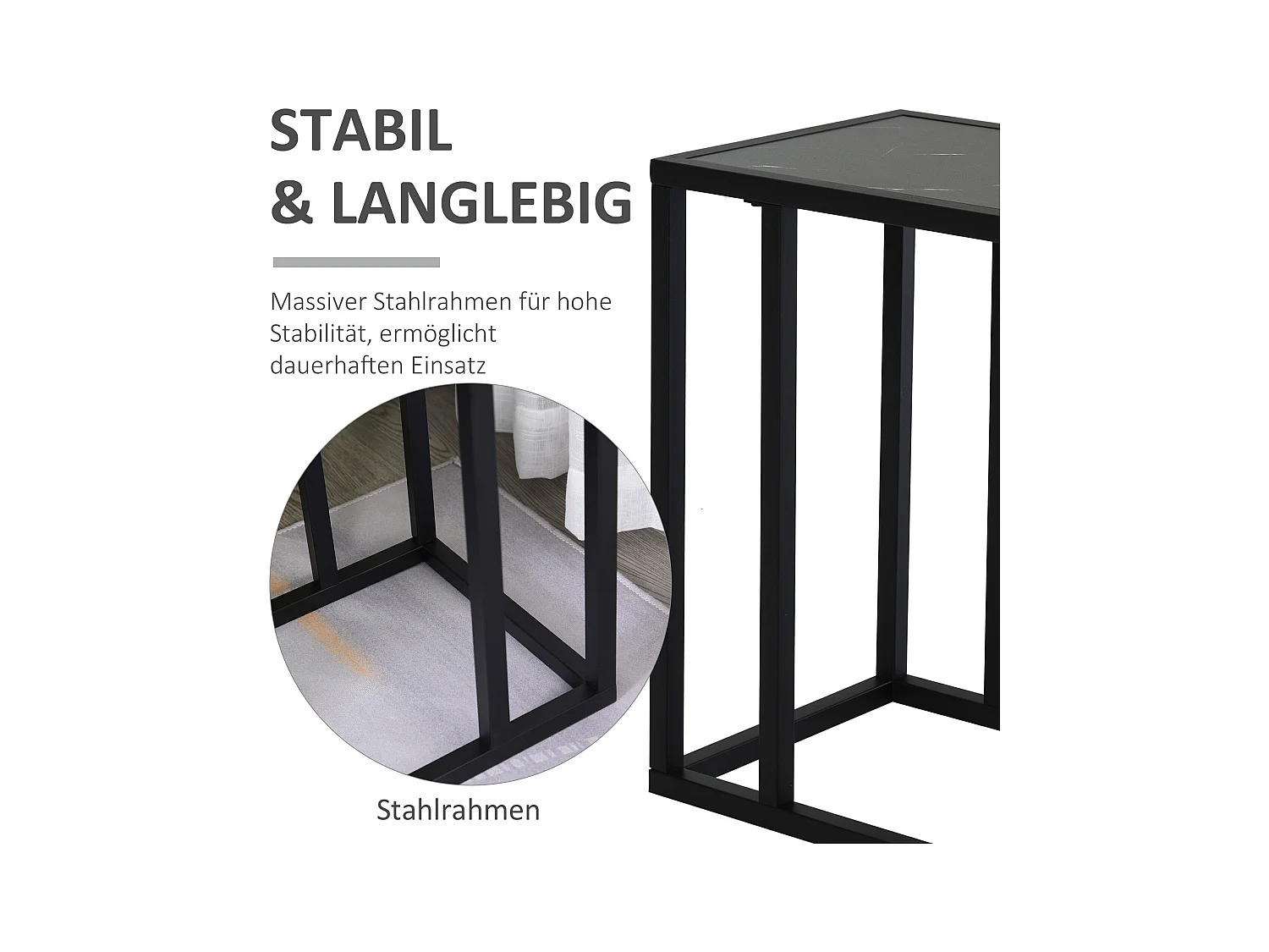 Mesa auxiliar de diseño, tapa imitación mármol, estructura de metal negro, para salón y dormitorio (45x30x51,5cm)