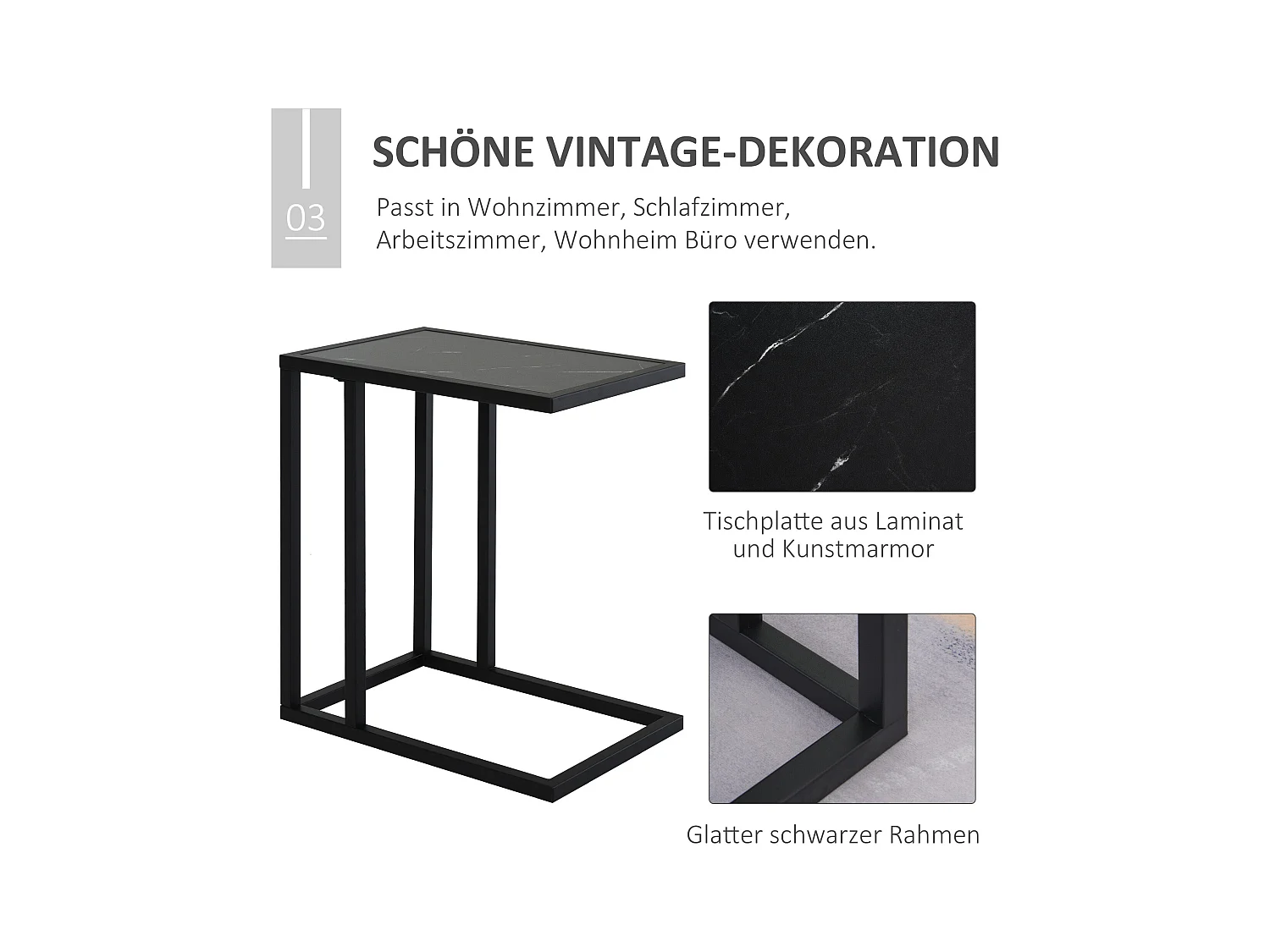 Mesa auxiliar de diseño, tapa imitación mármol, estructura de metal negro, para salón y dormitorio (45x30x51,5cm)