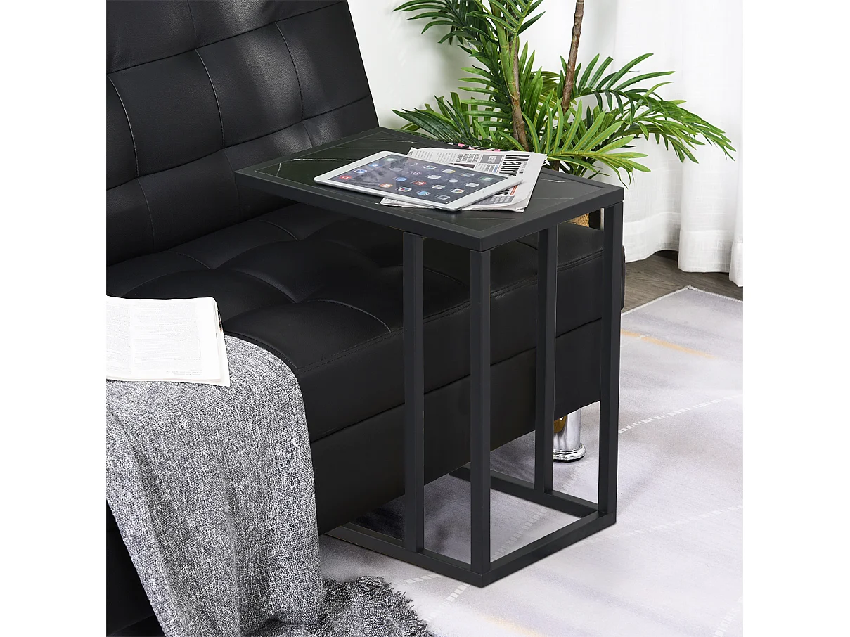 Mesa auxiliar de diseño, tapa imitación mármol, estructura de metal negro, para salón y dormitorio (45x30x51,5cm)