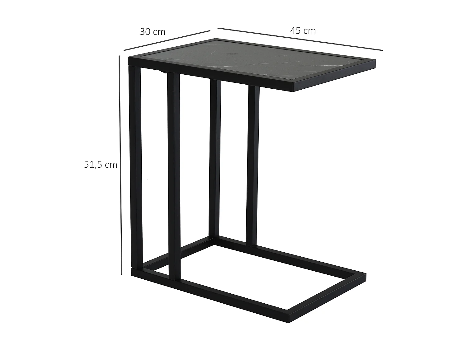 Mesa auxiliar de diseño, tapa imitación mármol, estructura de metal negro, para salón y dormitorio (45x30x51,5cm)