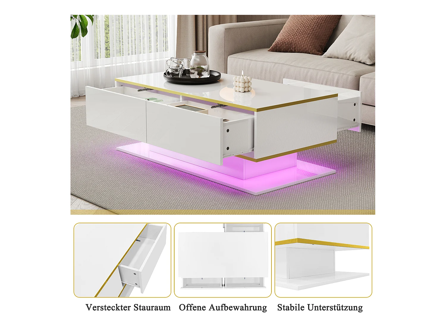 Table basse LED moderne, finition brillante avec détails dorés, panneau de particules, blanc et or (110x55x40cm)