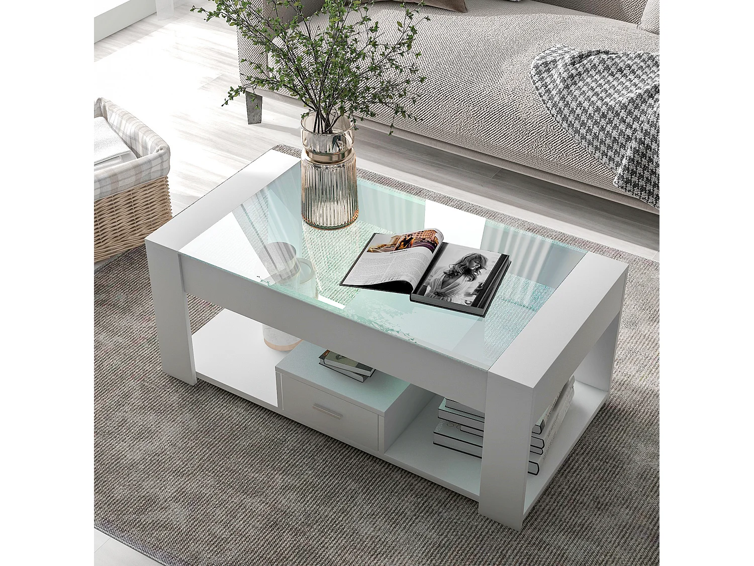 Tavolino moderno con vetro, contenitore e cassetti, in truciolare, bianco (100x50x40 cm)