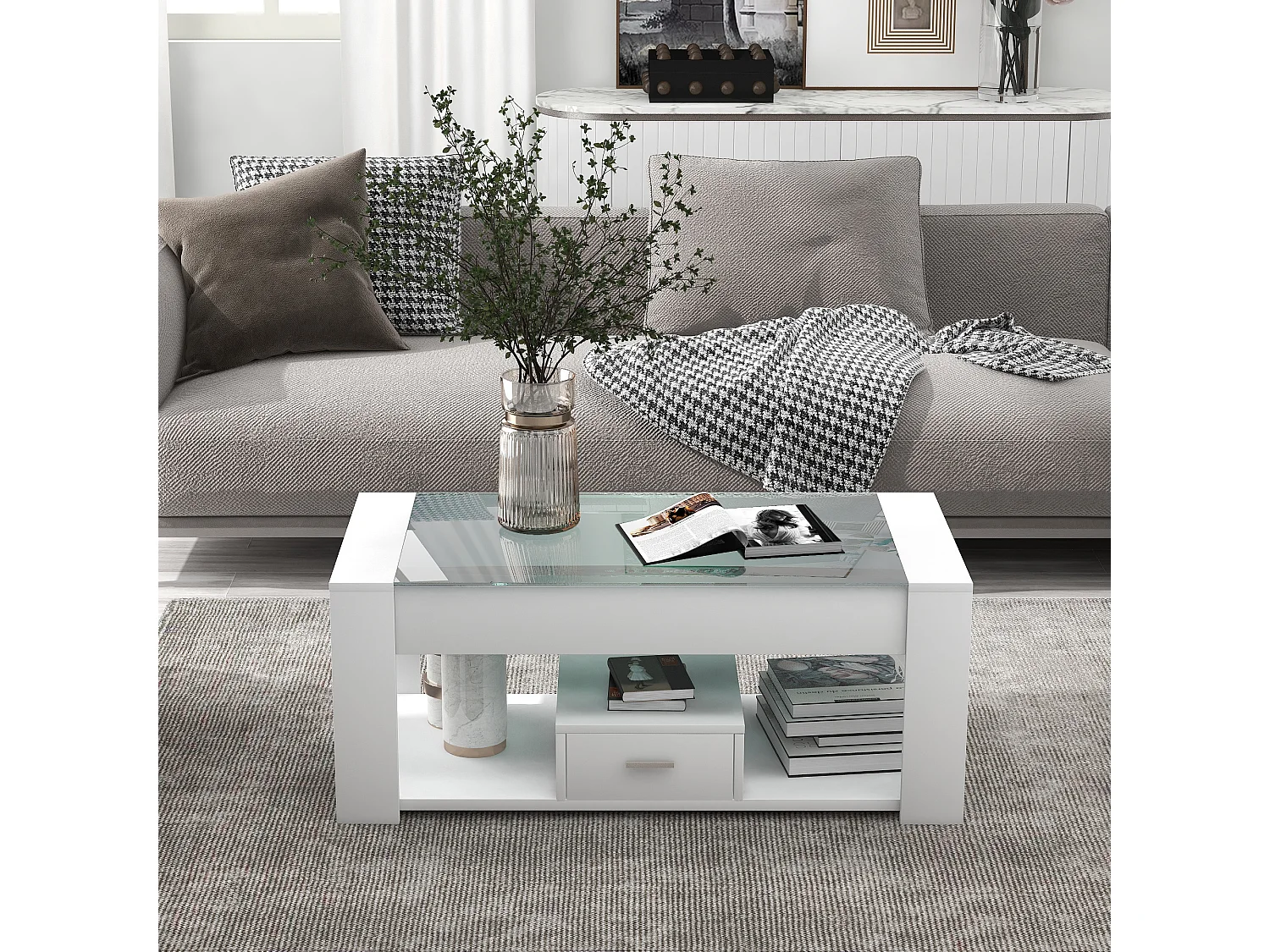 Tavolino moderno con vetro, contenitore e cassetti, in truciolare, bianco (100x50x40 cm)