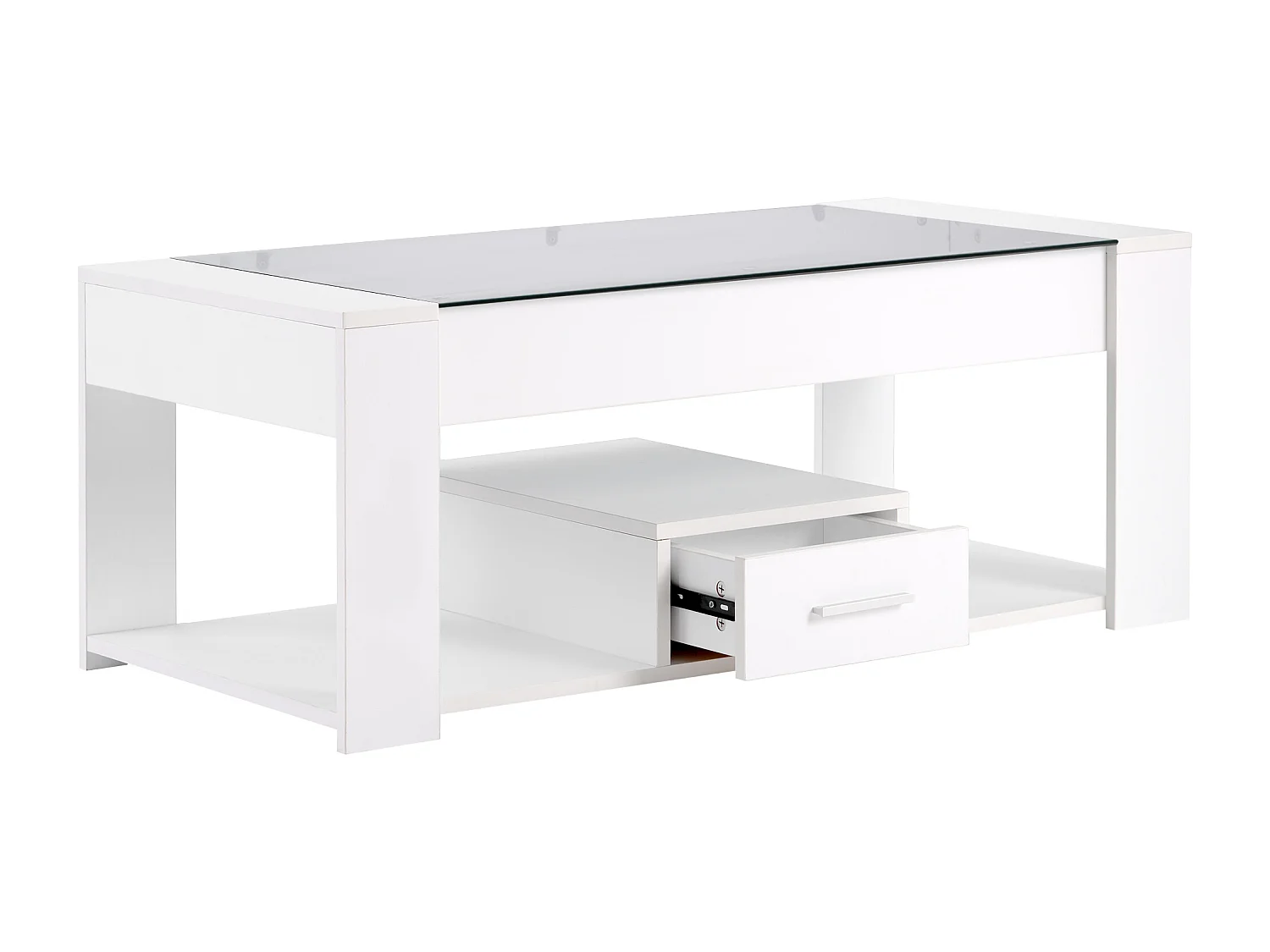 Table basse moderne avec verre, rangement et tiroirs, bois aggloméré, blanc (100x50x40 cm)