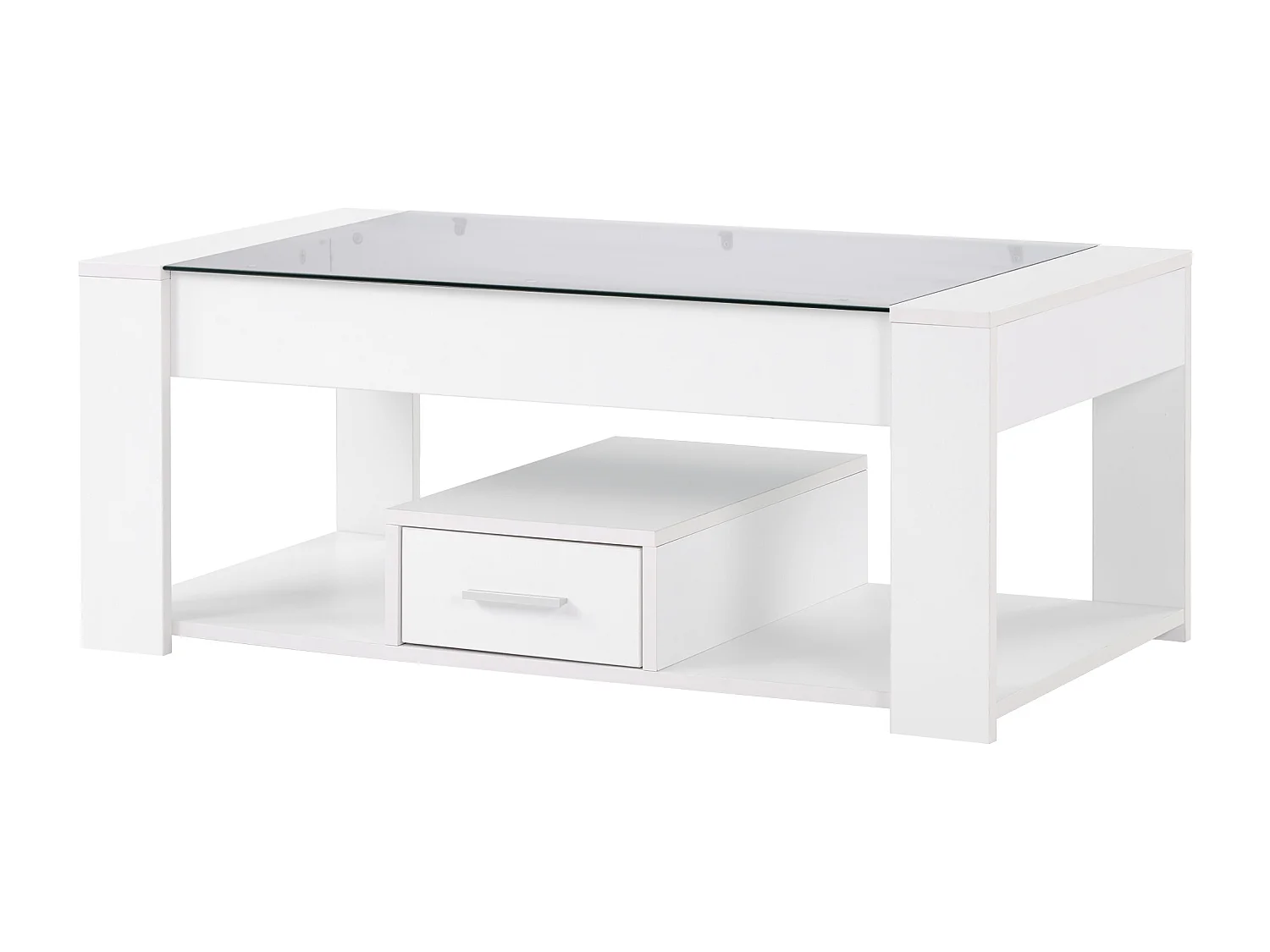 Table basse moderne avec verre, rangement et tiroirs, bois aggloméré, blanc (100x50x40 cm)