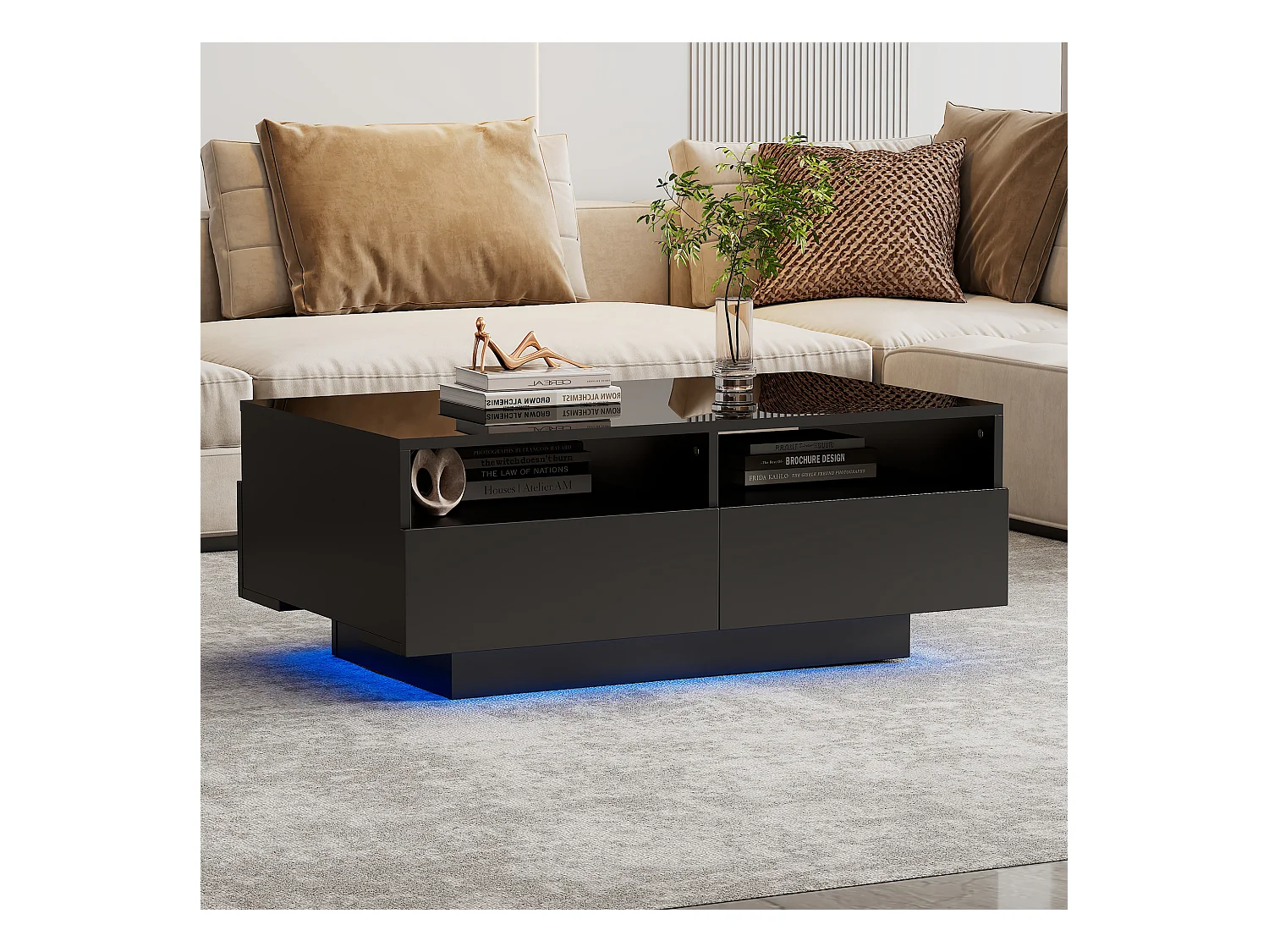 Table basse LED noire brillante avec 4 tiroirs, panneaux de particules et éclairage RGB (90x55x35cm)