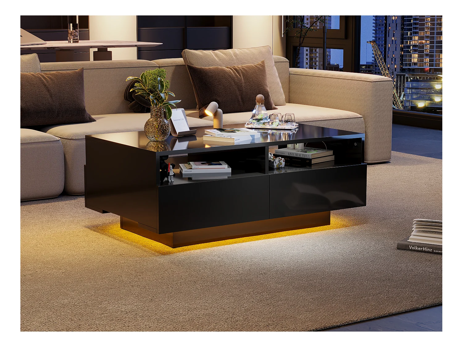 Table basse LED noire brillante avec 4 tiroirs, panneaux de particules et éclairage RGB (90x55x35cm)