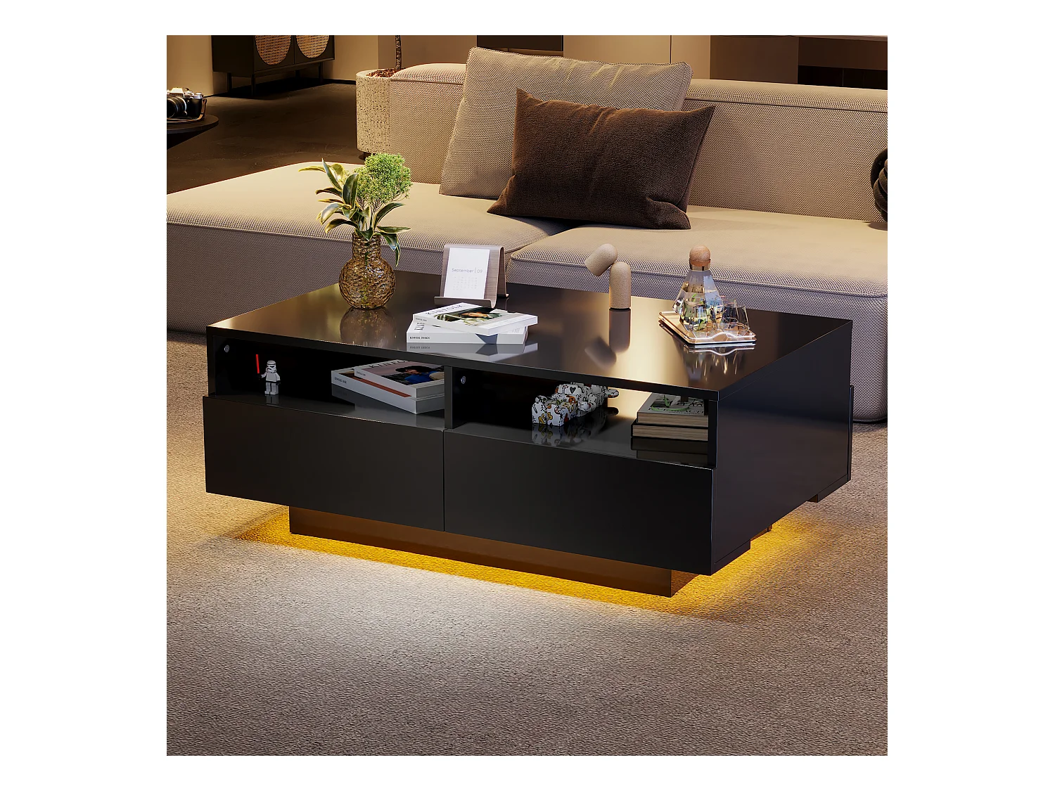 Table basse LED noire brillante avec 4 tiroirs, panneaux de particules et éclairage RGB (90x55x35cm)