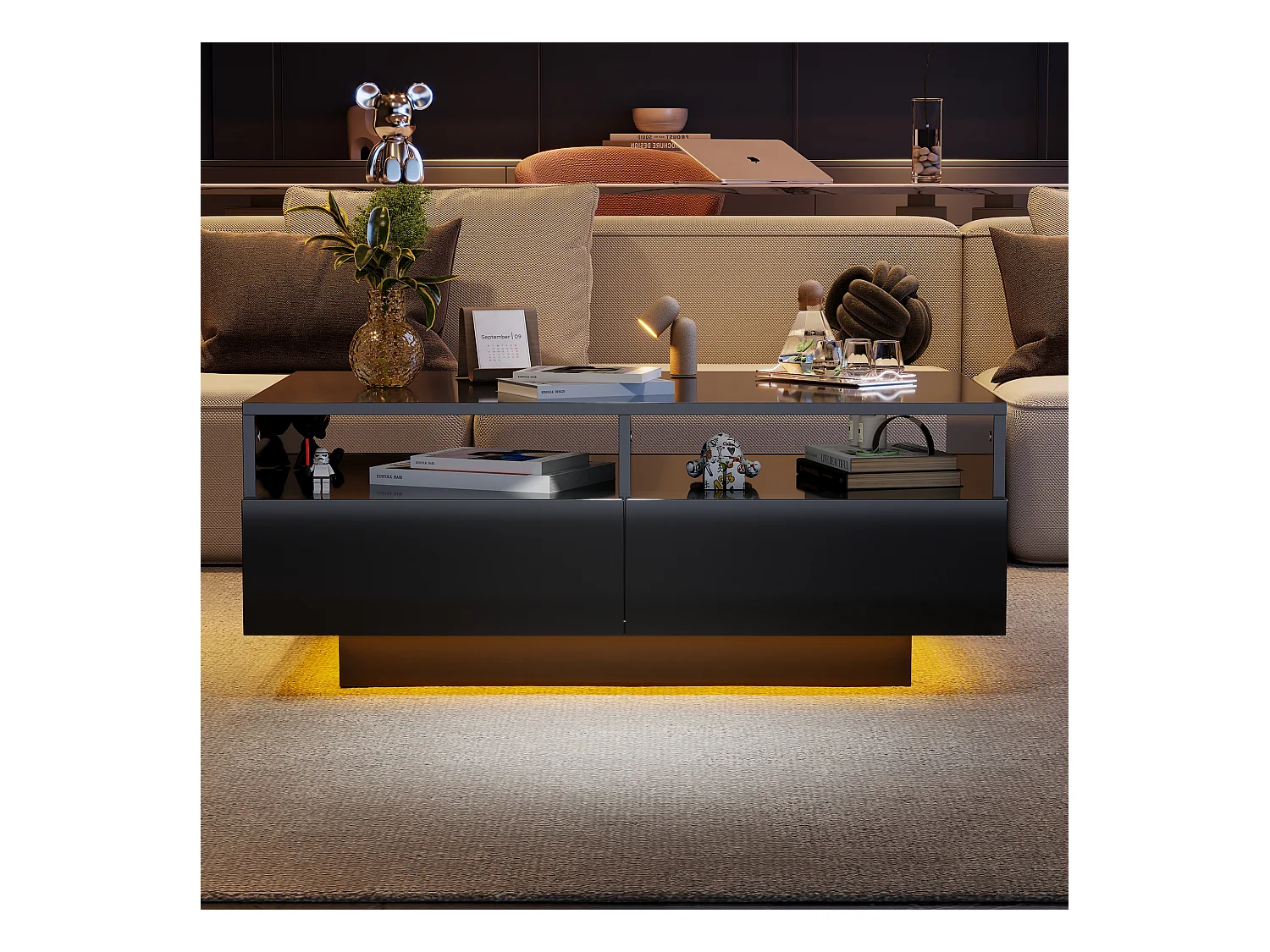 Table basse LED noire brillante avec 4 tiroirs, panneaux de particules et éclairage RGB (90x55x35cm)