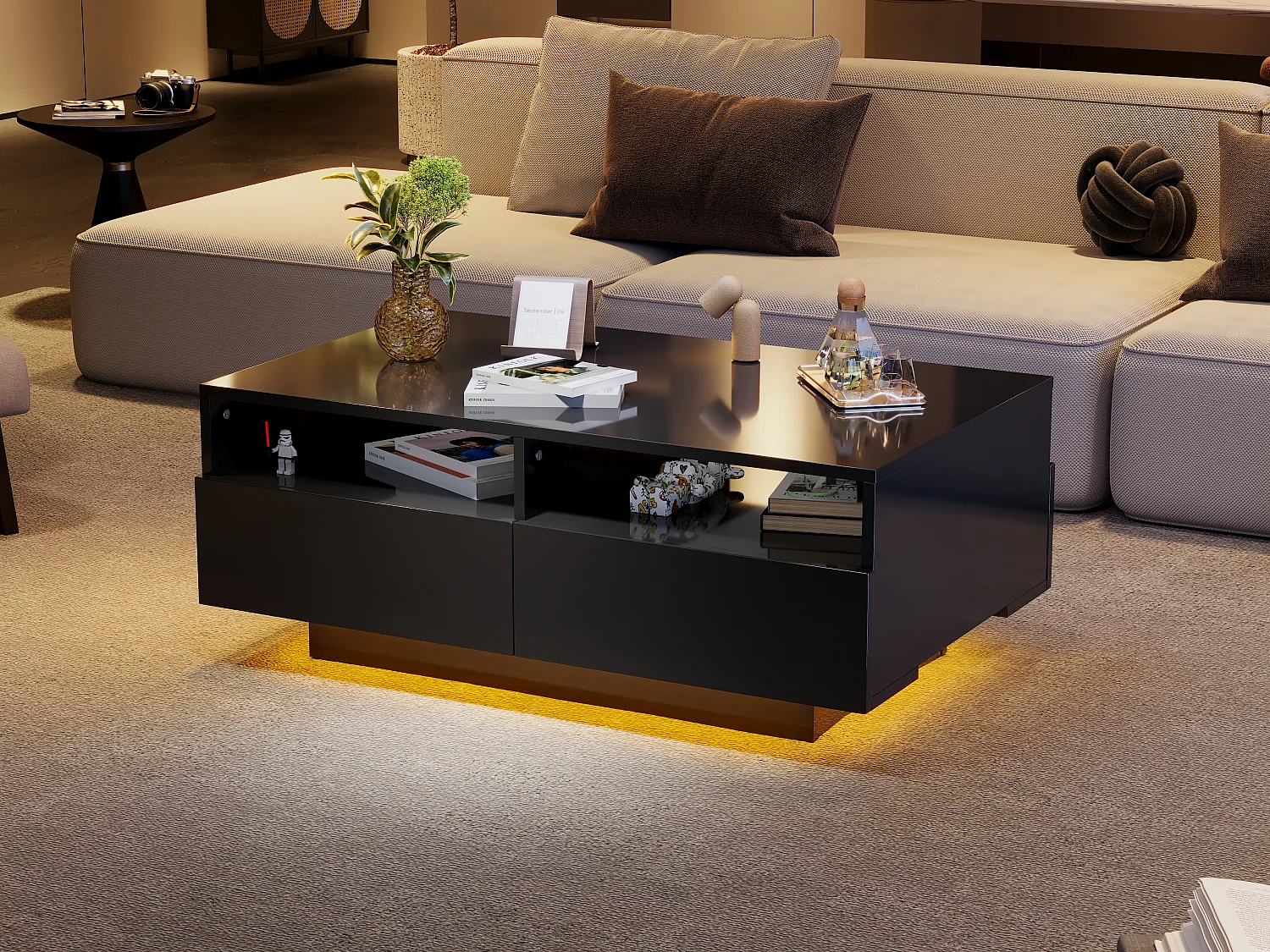 Table basse LED noire brillante avec 4 tiroirs, panneaux de particules et éclairage RGB (90x55x35cm)