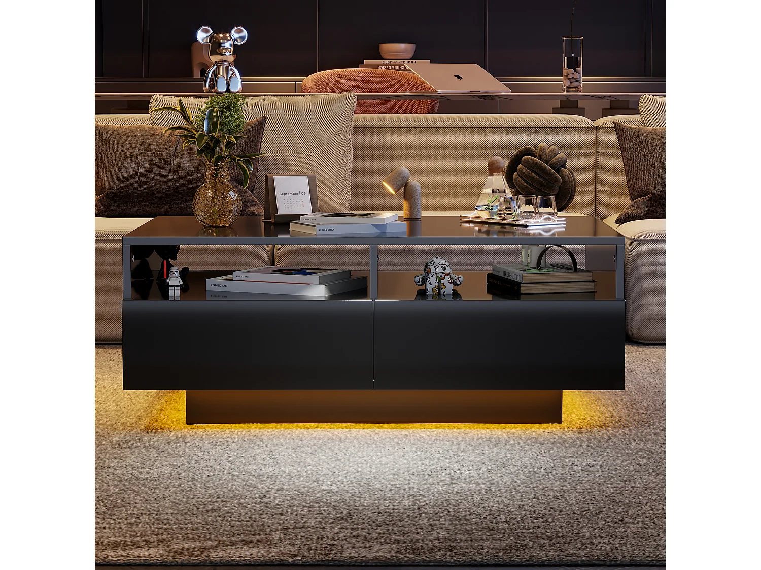 Table basse LED noire brillante avec 4 tiroirs, panneaux de particules et éclairage RGB (90x55x35cm)