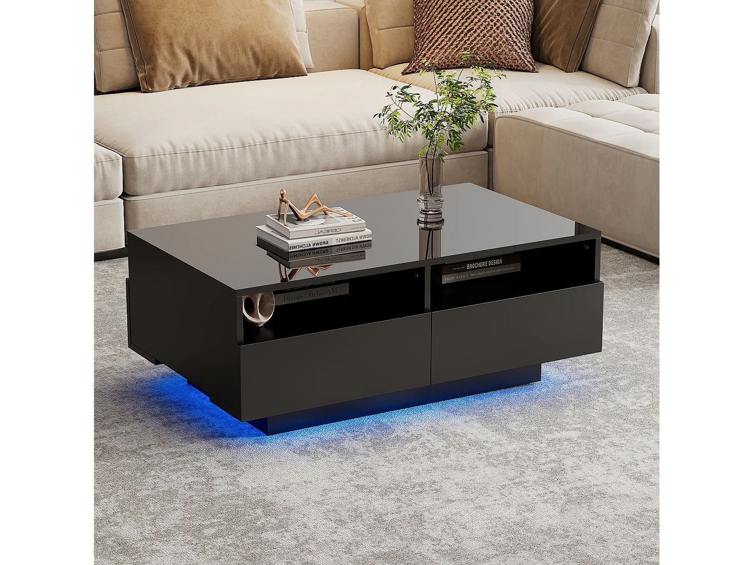 Table basse LED noire brillante avec 4 tiroirs, panneaux de particules et éclairage RGB (90x55x35cm)