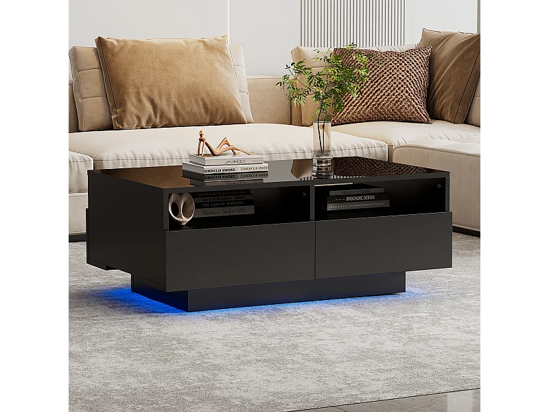 Glanzend zwarte LED salontafel met 4 lades, spaanplaat en RGB-verlichting (90x55x35cm)