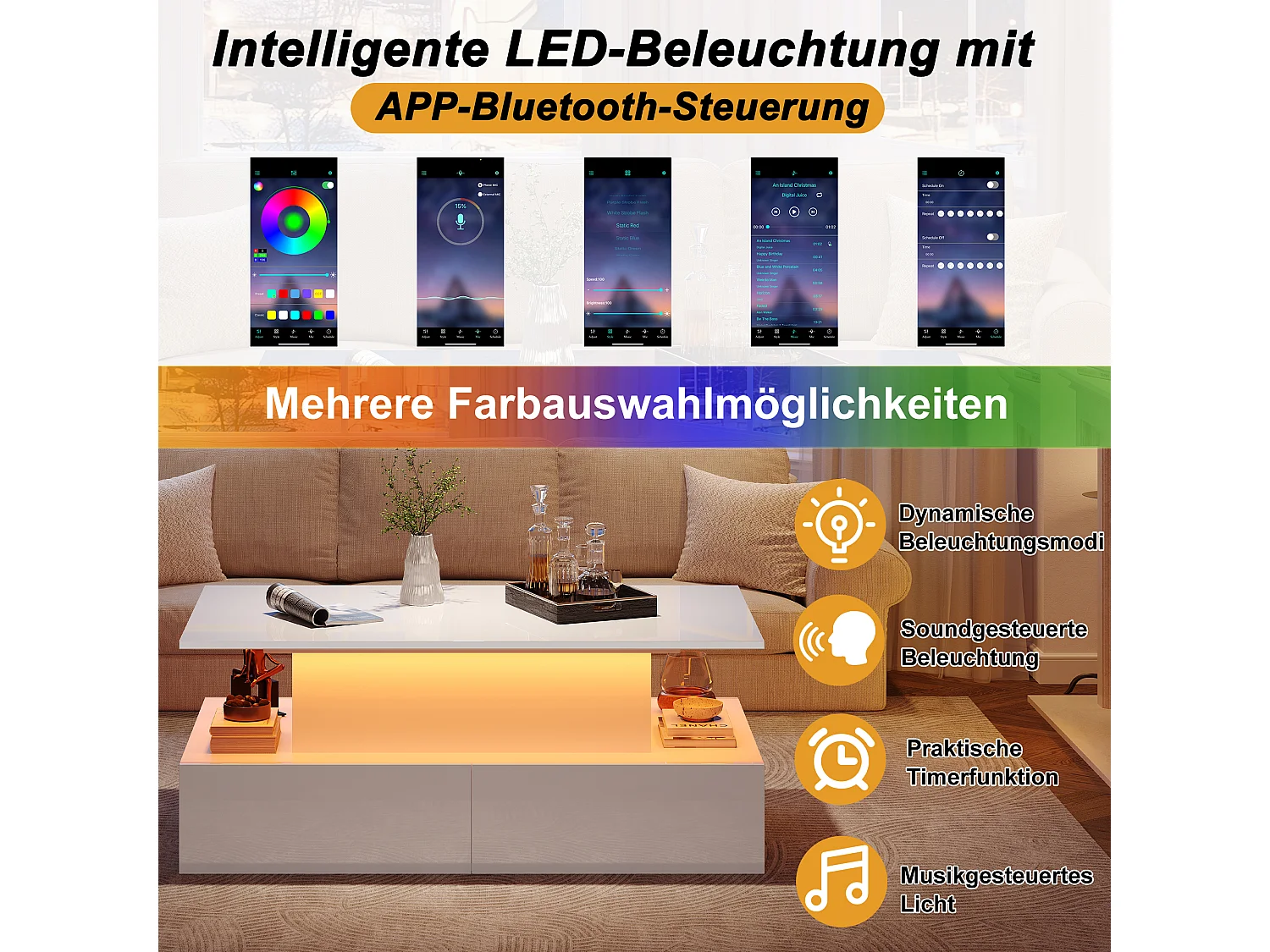 Moderne salontafel met ledverlichting, 4 lades en uitschuifbaar blad, glanzend witte spaanplaat (90x55x41cm)