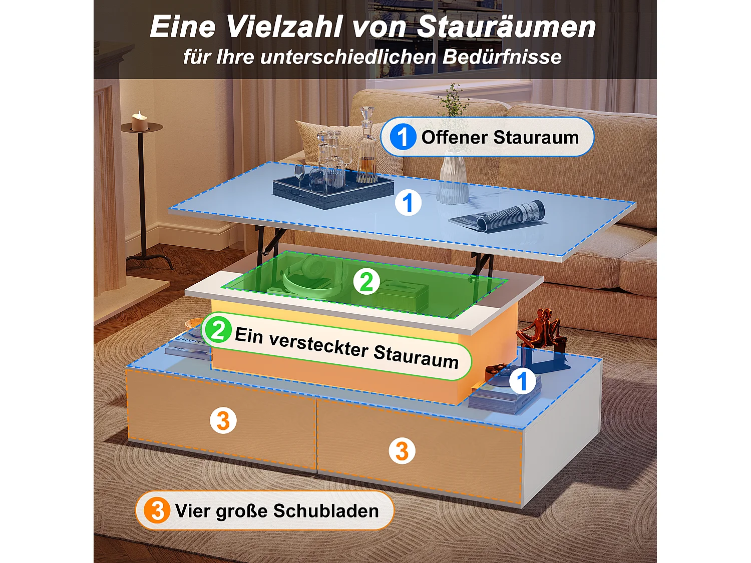 Moderne salontafel met ledverlichting, 4 lades en uitschuifbaar blad, glanzend witte spaanplaat (90x55x41cm)