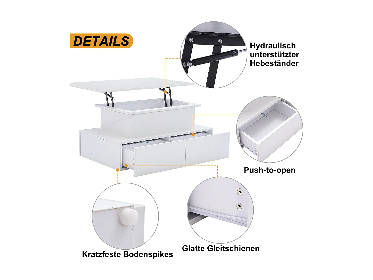 Moderne salontafel met ledverlichting, 4 lades en uitschuifbaar blad, glanzend witte spaanplaat (90x55x41cm)