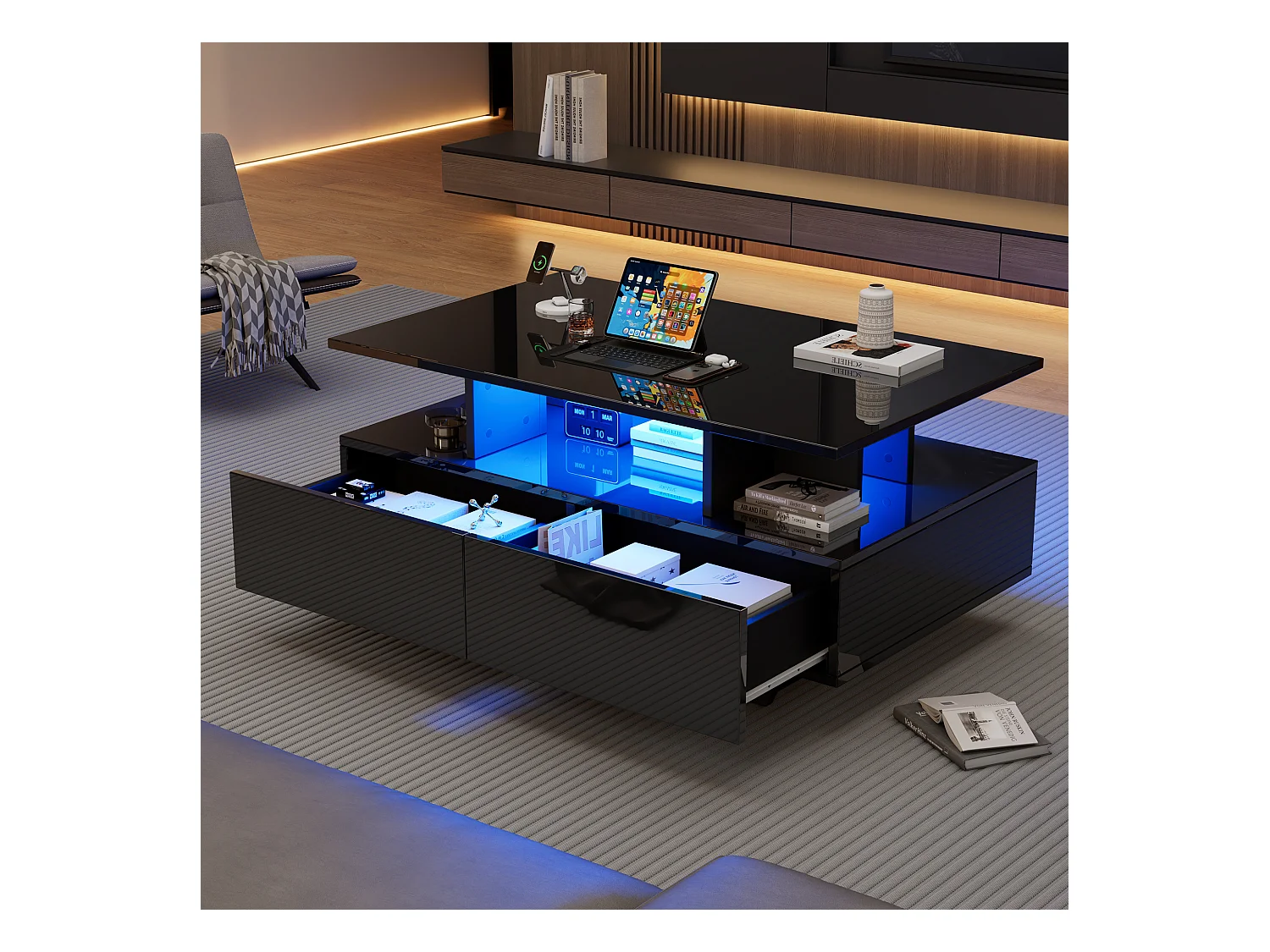 Table basse moderne avec LED, 2 tiroirs, design élégant, MDF, noir laqué et blanc (100x60x35 cm)