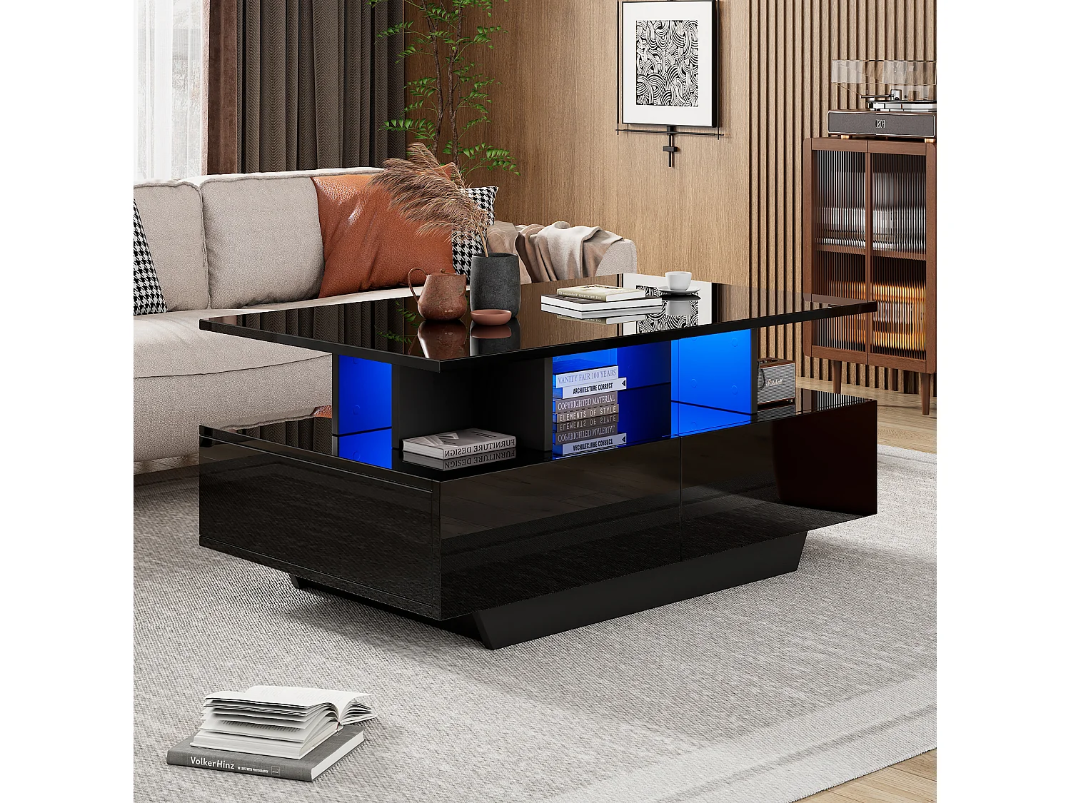 Table basse moderne avec LED, 2 tiroirs, design élégant, MDF, noir laqué et blanc (100x60x35 cm)